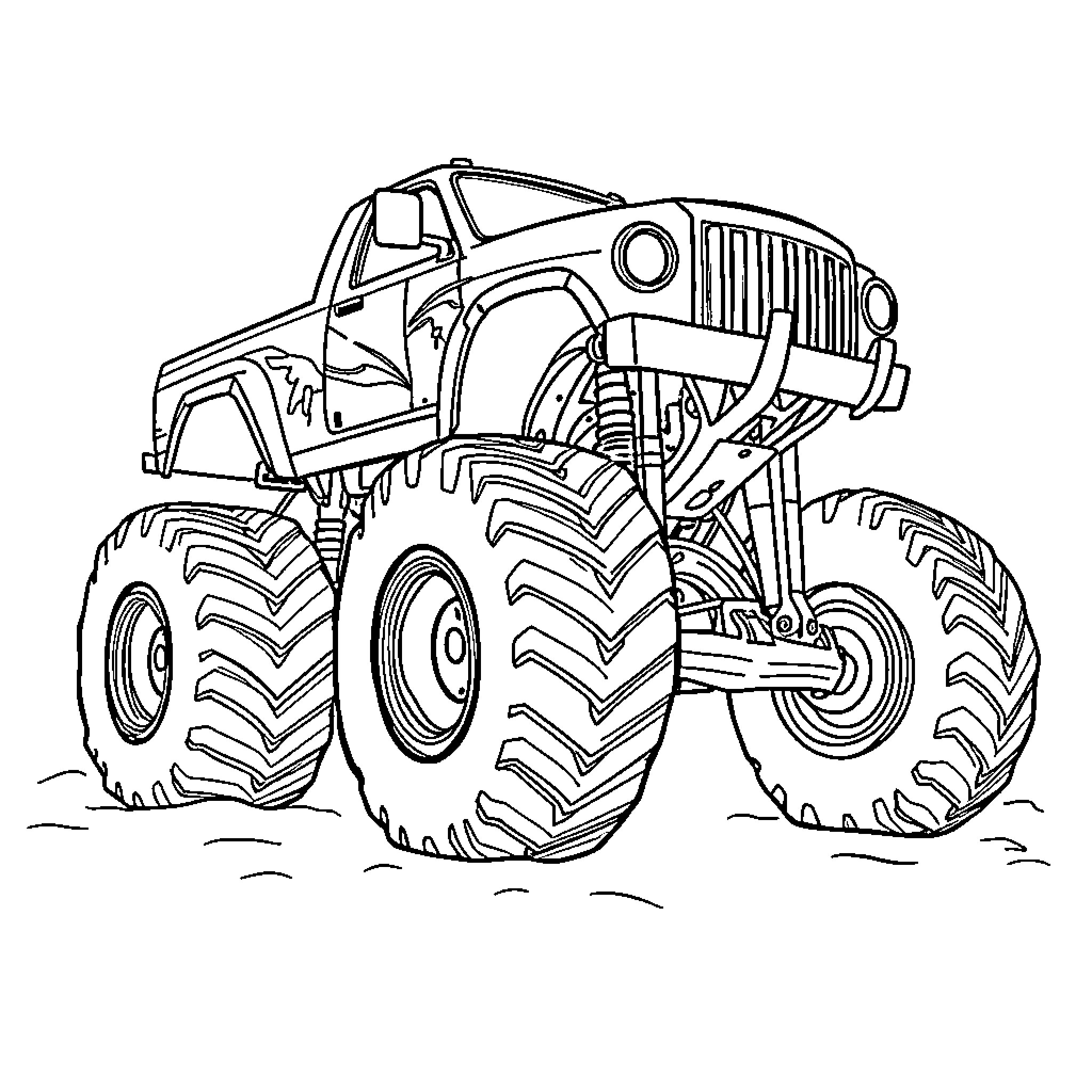 Monster Truck Crushing Terrain with Massive Tires Coloring Page (free black-and-white line drawing printable PDF for all, from beginners to advanced learners, including children, teens, adults, and seniors)