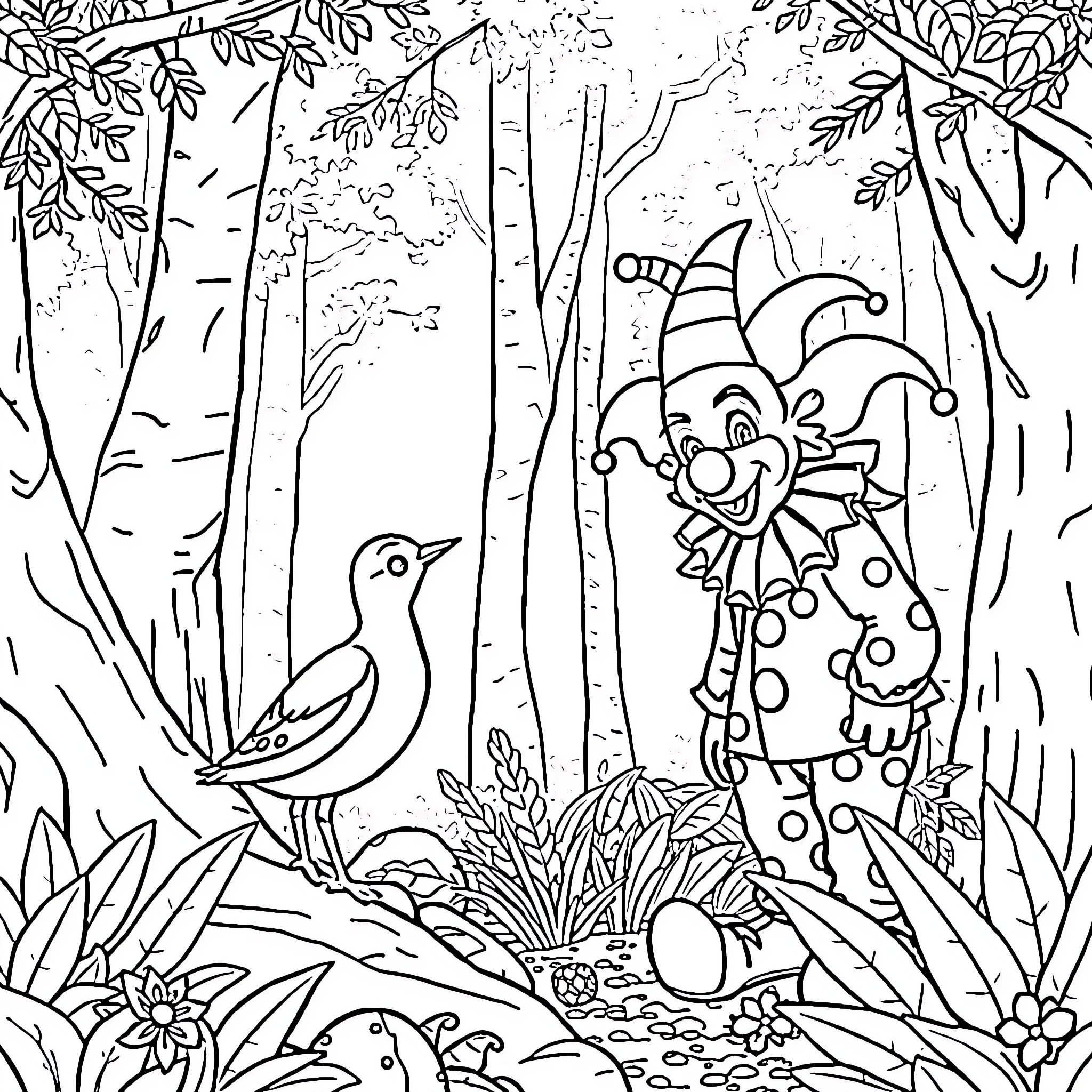 Deer playing merrily in the forest with a colorful clown Coloring Page (free black-and-white line drawing printable PDF for all, from beginners to advanced learners, including children, teens, adults, and seniors)