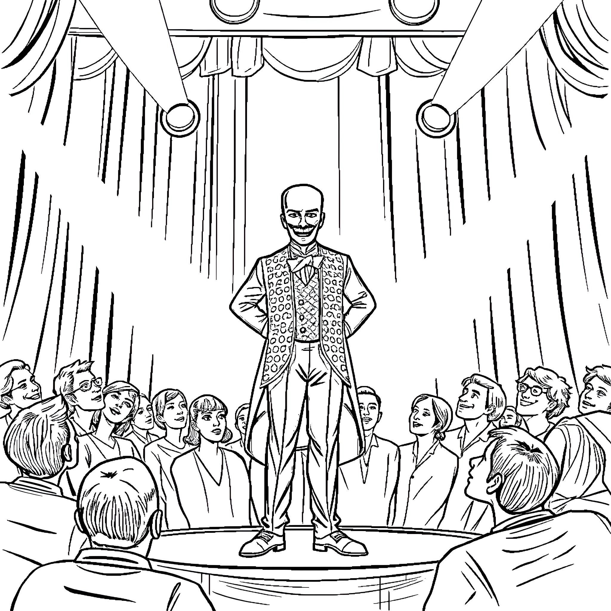 Magician Captivates Audience on Stage Coloring Page (free black-and-white line drawing printable PDF for all, from beginners to advanced learners, including children, teens, adults, and seniors)