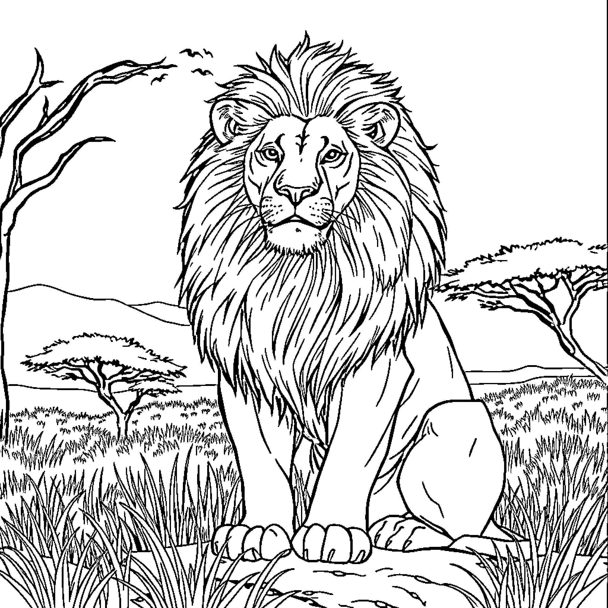 Lion in the Wilderness Coloring Page (free black-and-white line drawing printable PDF for all, from beginners to advanced learners, including children, teens, adults, and seniors)