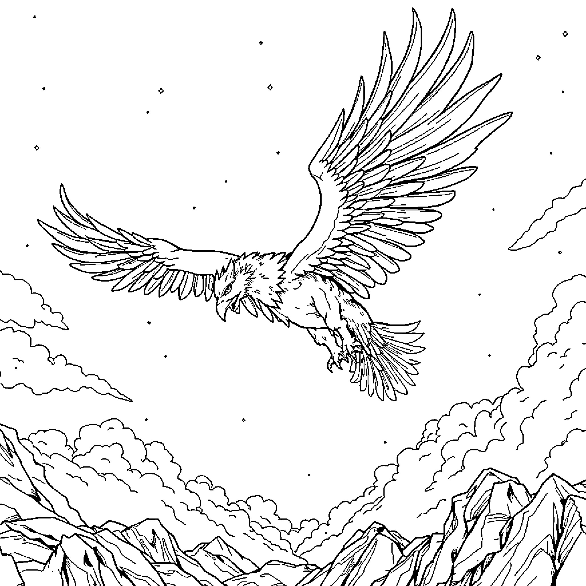Griffin soaring through the starry night sky Coloring Page (free black-and-white line drawing printable PDF for all, from beginners to advanced learners, including children, teens, adults, and seniors)