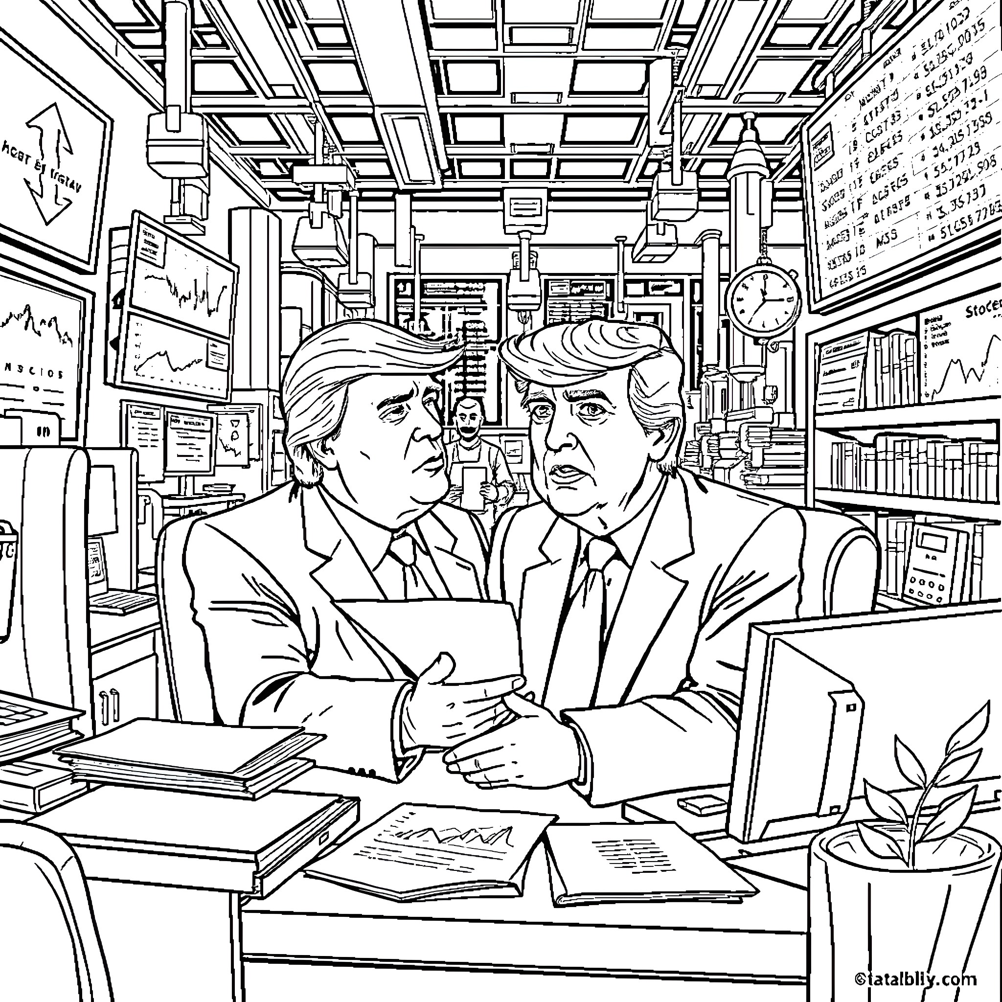Trump and an associate in a busy office environment Coloring Page (free black-and-white line drawing printable PDF for all, from beginners to advanced learners, including children, teens, adults, and seniors)