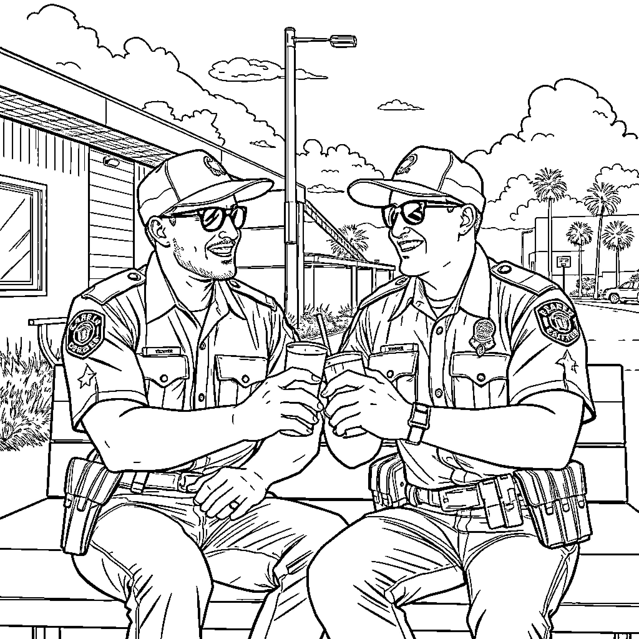 CBP Agents Chatting Casually Outdoors Coloring Page (free black-and-white line drawing printable PDF for all, from beginners to advanced learners, including children, teens, adults, and seniors)
