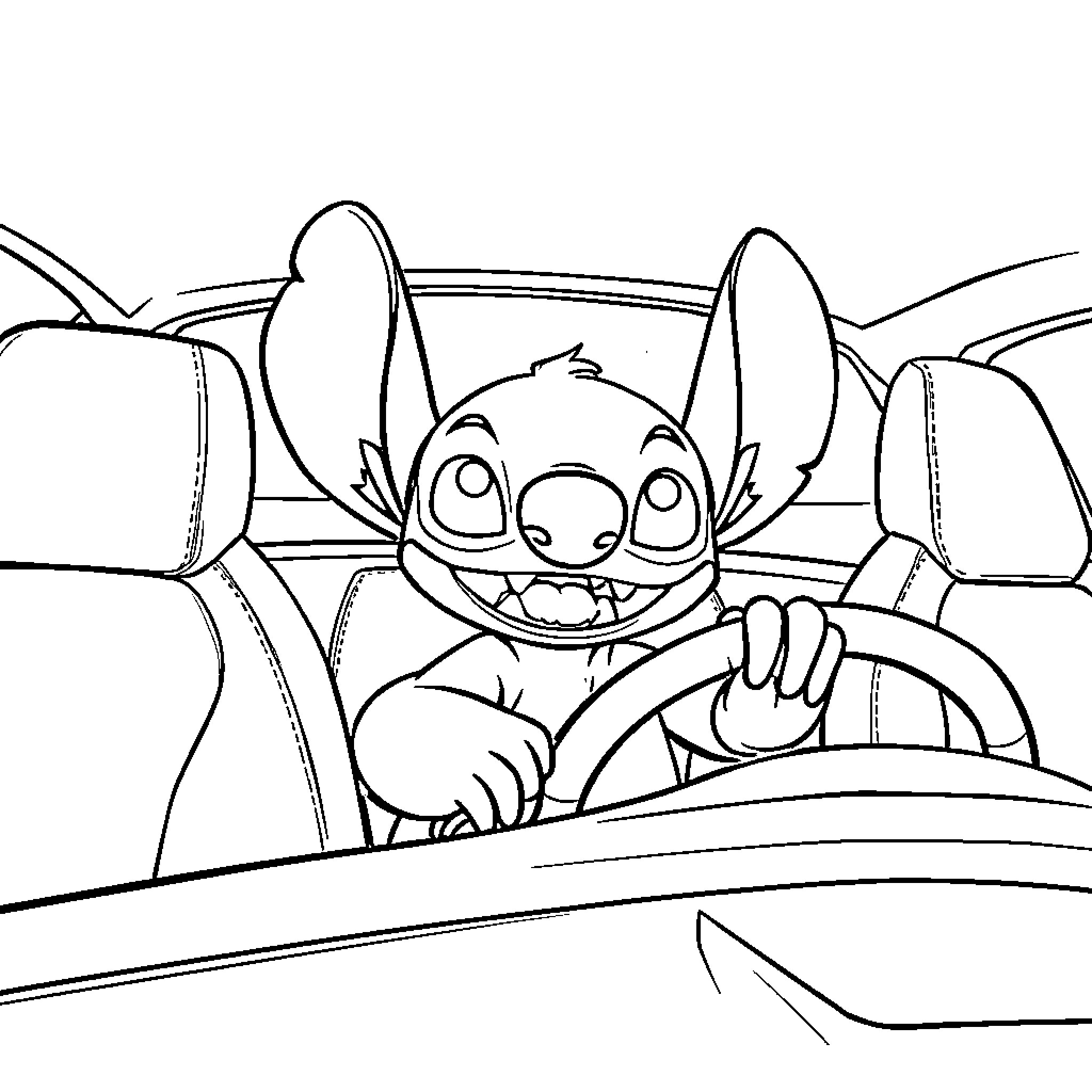 Stitch driving a car with a big smile Coloring Page (free black-and-white line drawing printable PDF for all, from beginners to advanced learners, including children, teens, adults, and seniors)