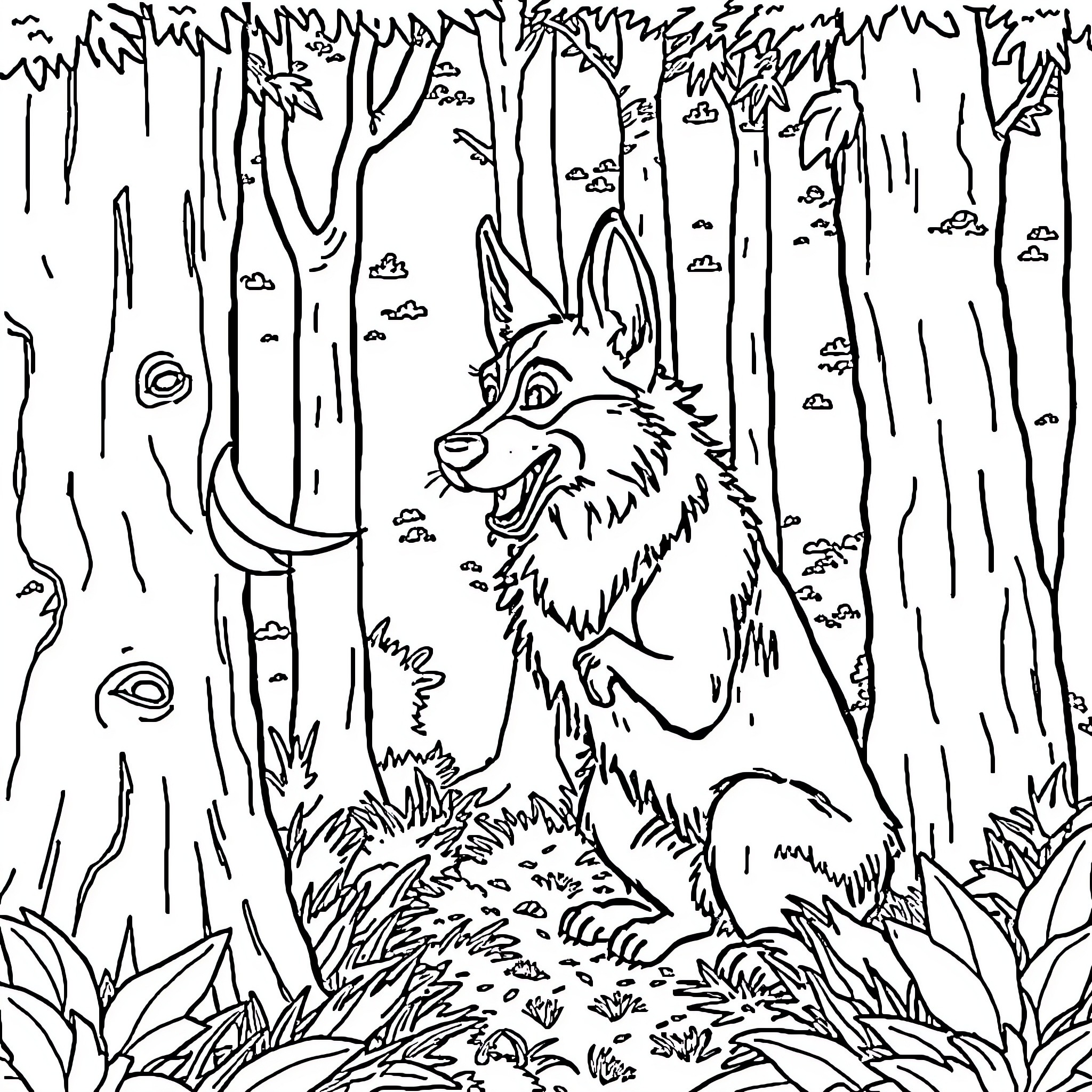 Dog exploring the mysterious forest Coloring Page (free black-and-white line drawing printable PDF for all, from beginners to advanced learners, including children, teens, adults, and seniors)