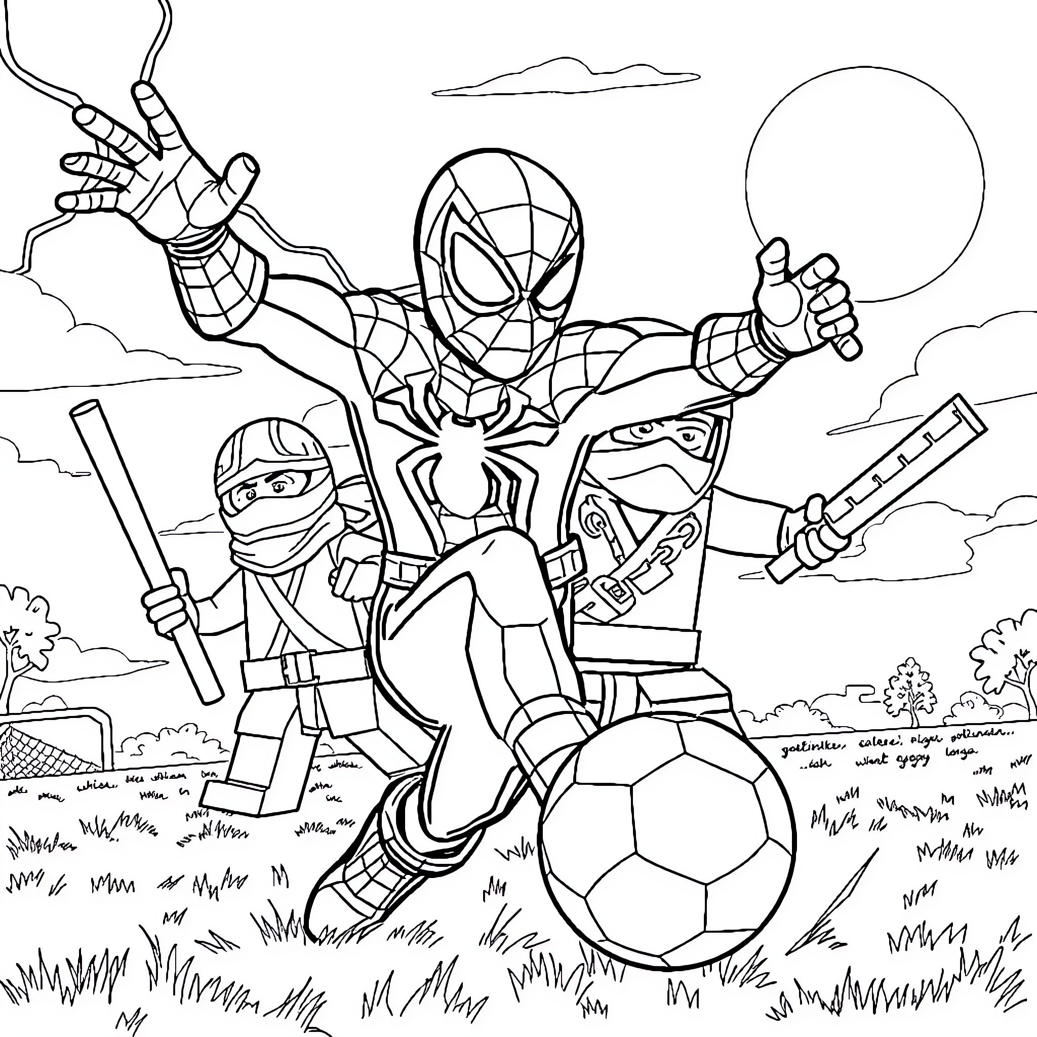 Spiderman and ninja allies in action-packed scene Coloring Page (free black-and-white line drawing printable PDF for all, from beginners to advanced learners, including children, teens, adults, and seniors)