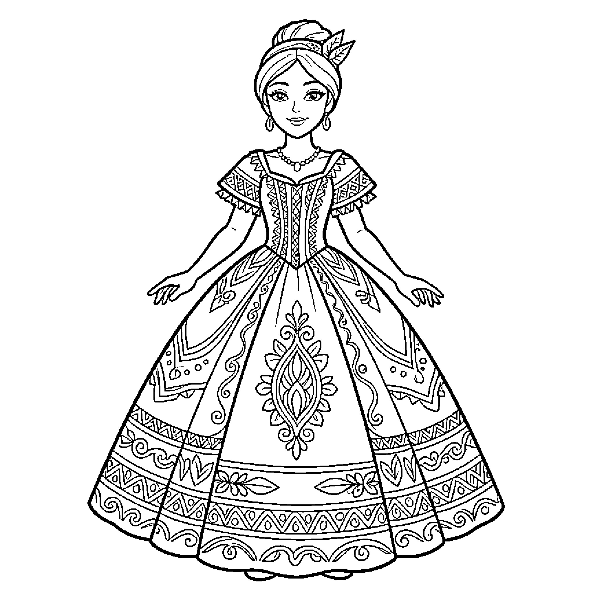 Cinderella wearing a grand patterned ballgown Coloring Page (free black-and-white line drawing printable PDF for all, from beginners to advanced learners, including children, teens, adults, and seniors)