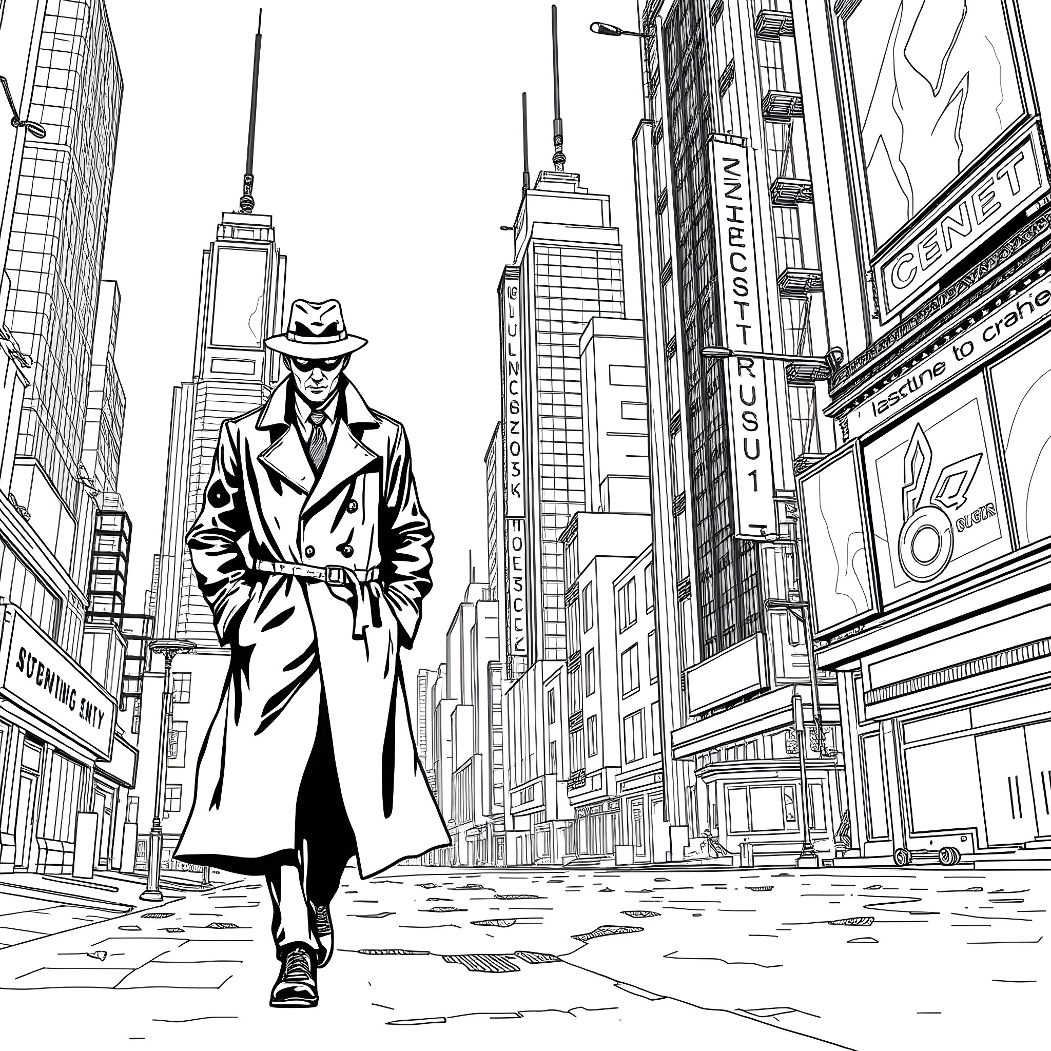 Detective Investigating the City Landscape Coloring Page (free black-and-white line drawing printable PDF for all, from beginners to advanced learners, including children, teens, adults, and seniors)