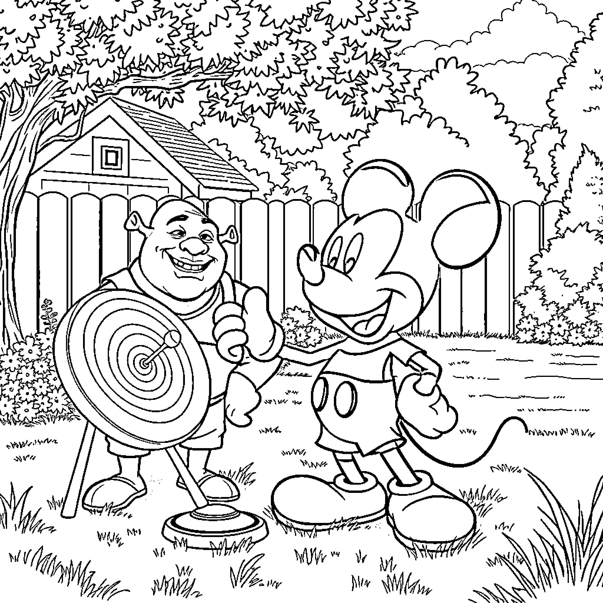 Mickey Mouse having fun with a friend in the countryside Coloring Page (free black-and-white line drawing printable PDF for all, from beginners to advanced learners, including children, teens, adults, and seniors)