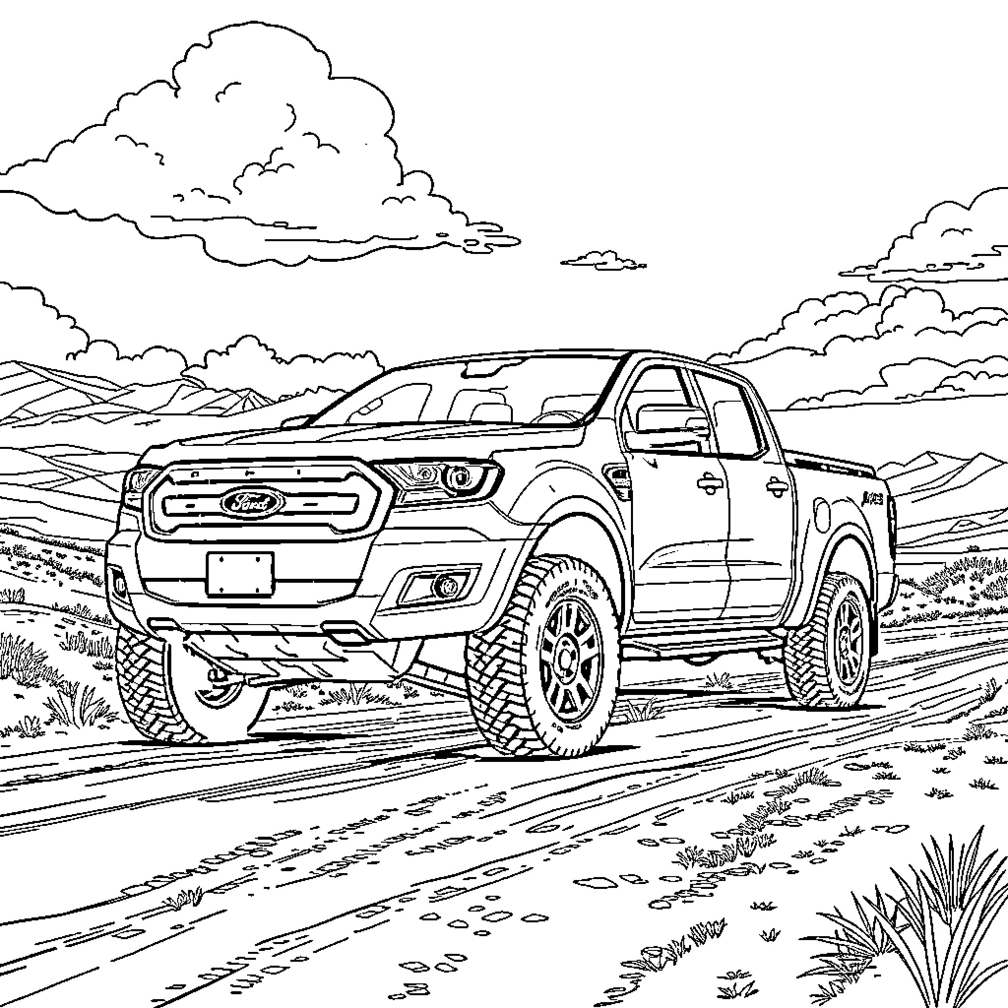 Ford Ranger off-road adventure in the wilderness Coloring Page (free black-and-white line drawing printable PDF for all, from beginners to advanced learners, including children, teens, adults, and seniors)