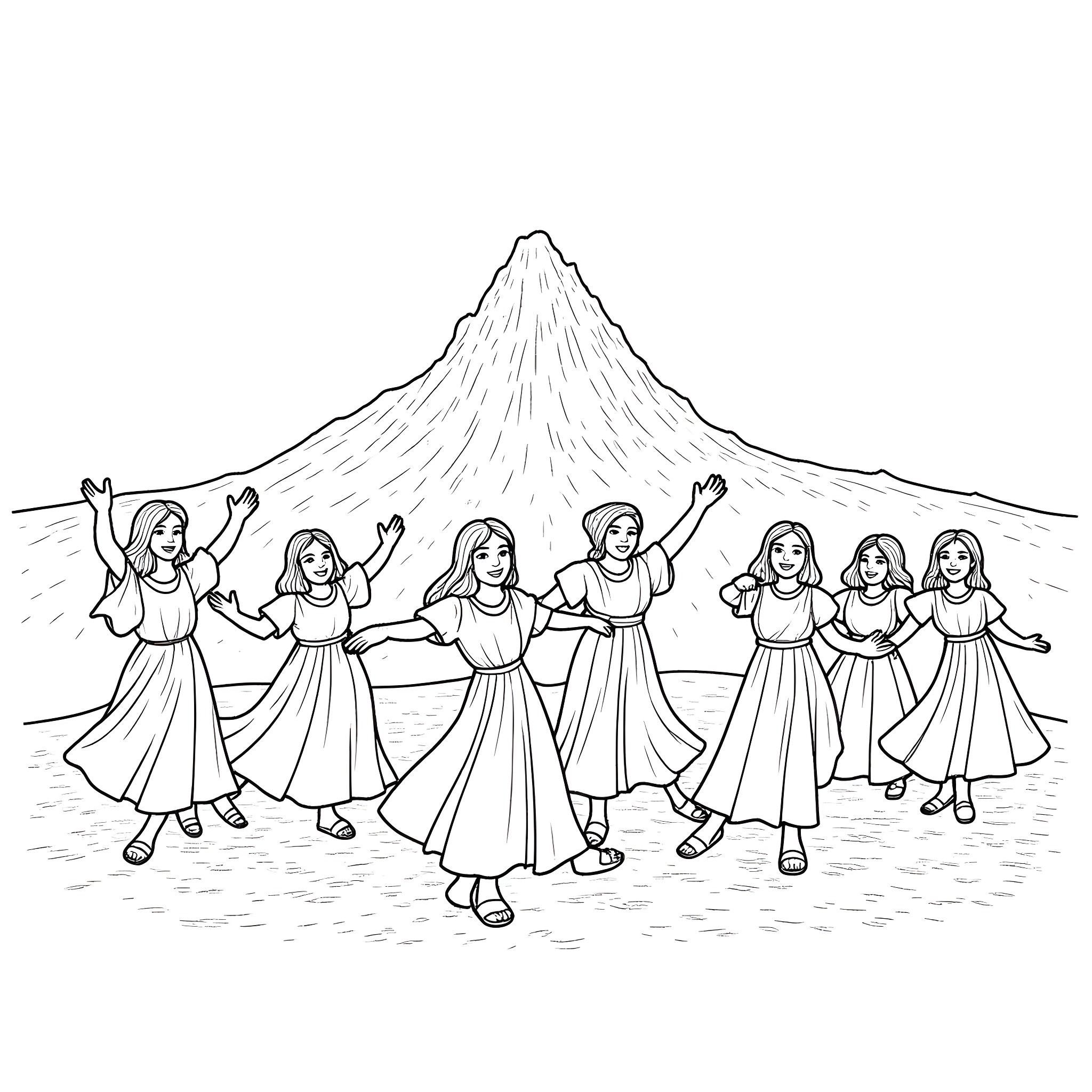 Armenian Women Celebrating with Joyful Dances Coloring Page (free black-and-white line drawing printable PDF for all, from beginners to advanced learners, including children, teens, adults, and seniors)