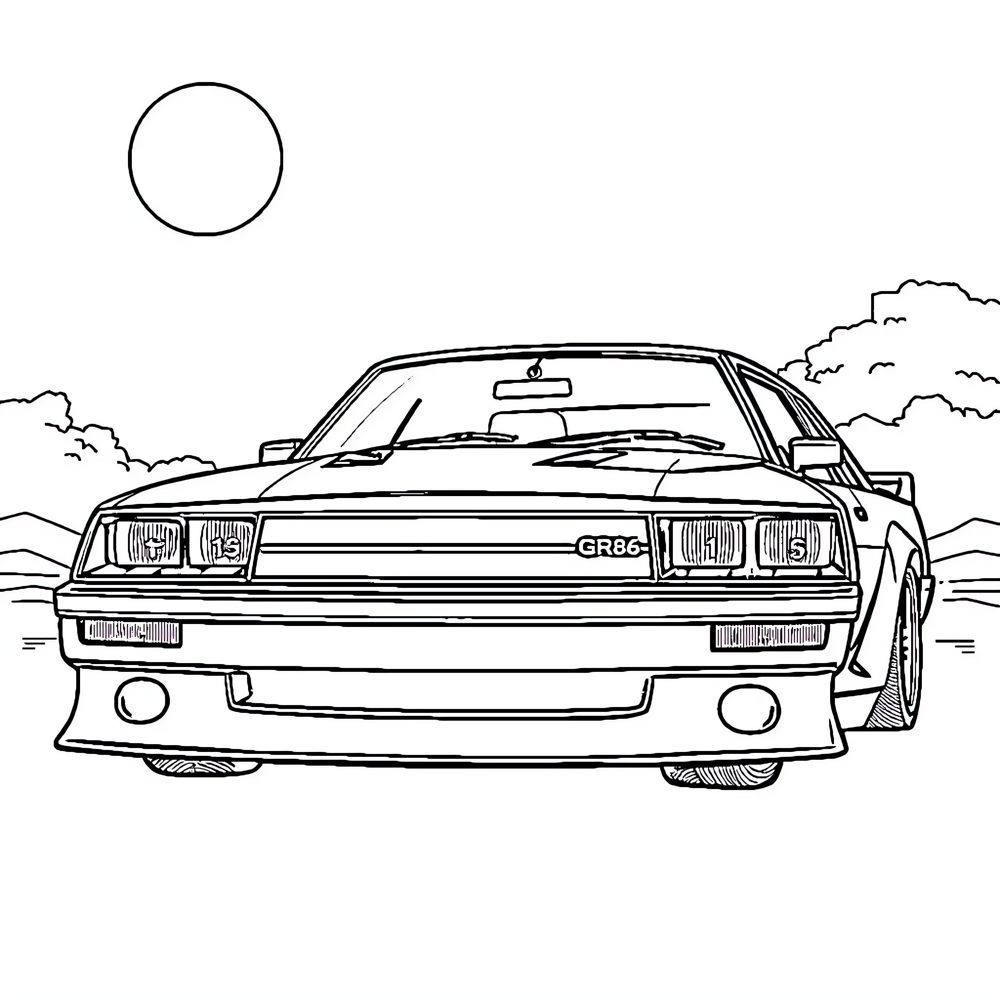 Gr86 muscle car speeding on open road Coloring Page (free black-and-white line drawing printable PDF for all, from beginners to advanced learners, including children, teens, adults, and seniors)