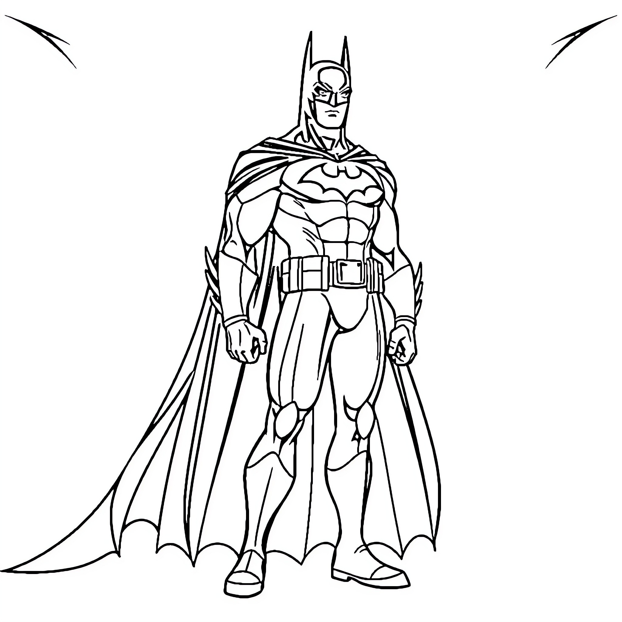 Batman in heroic stance with cape and utility belt Coloring Page (free black-and-white line drawing printable PDF for all, from beginners to advanced learners, including children, teens, adults, and seniors)