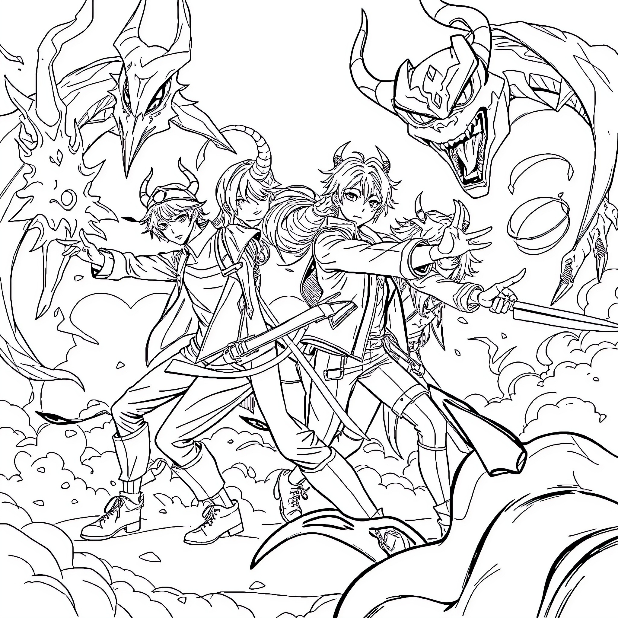 Demon Hunter Warriors Battling Fierce Mythical Creatures Coloring Page (free black-and-white line drawing printable PDF for all, from beginners to advanced learners, including children, teens, adults, and seniors)
