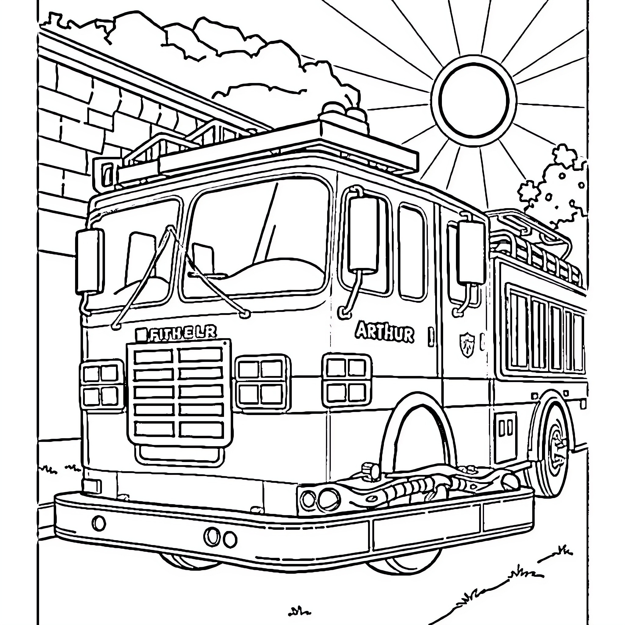 Fire Engine Rushing to Respond to Emergency Coloring Page (free black-and-white line drawing printable PDF for all, from beginners to advanced learners, including children, teens, adults, and seniors)