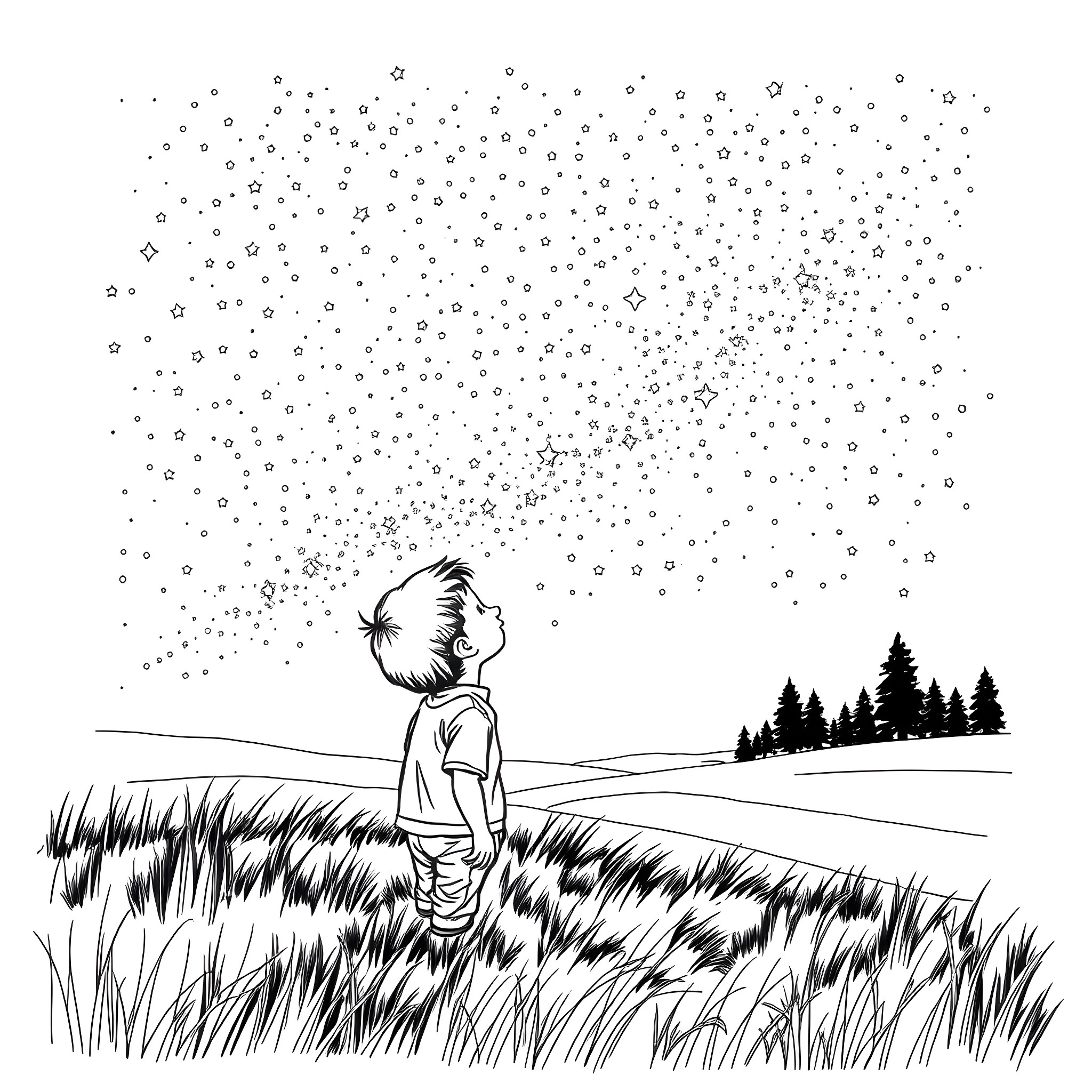 Boy gazing at the starry night sky in nature Coloring Page (free black-and-white line drawing printable PDF for all, from beginners to advanced learners, including children, teens, adults, and seniors)