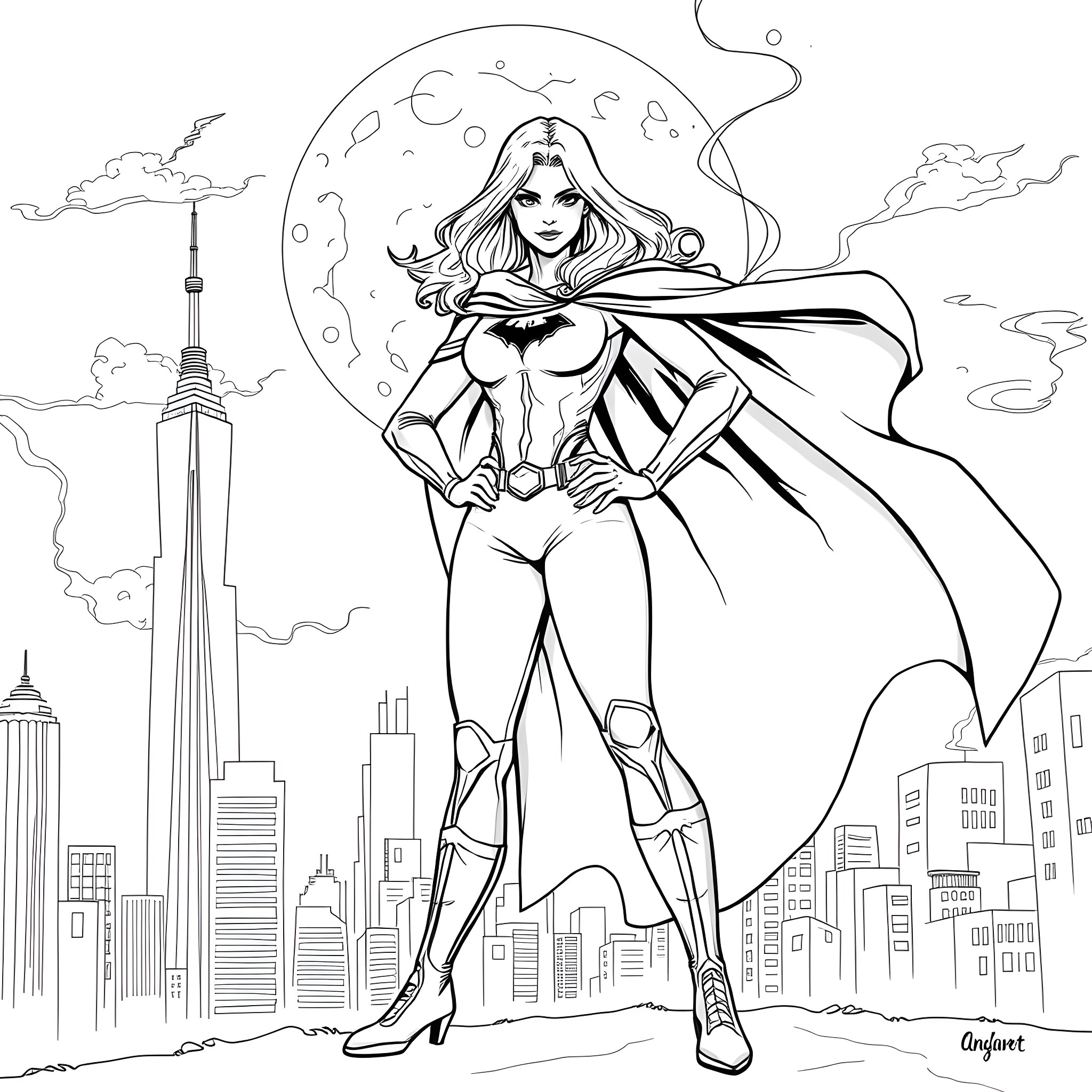 Harper, the Superhero in the City Coloring Page (free black-and-white line drawing printable PDF for all, from beginners to advanced learners, including children, teens, adults, and seniors)