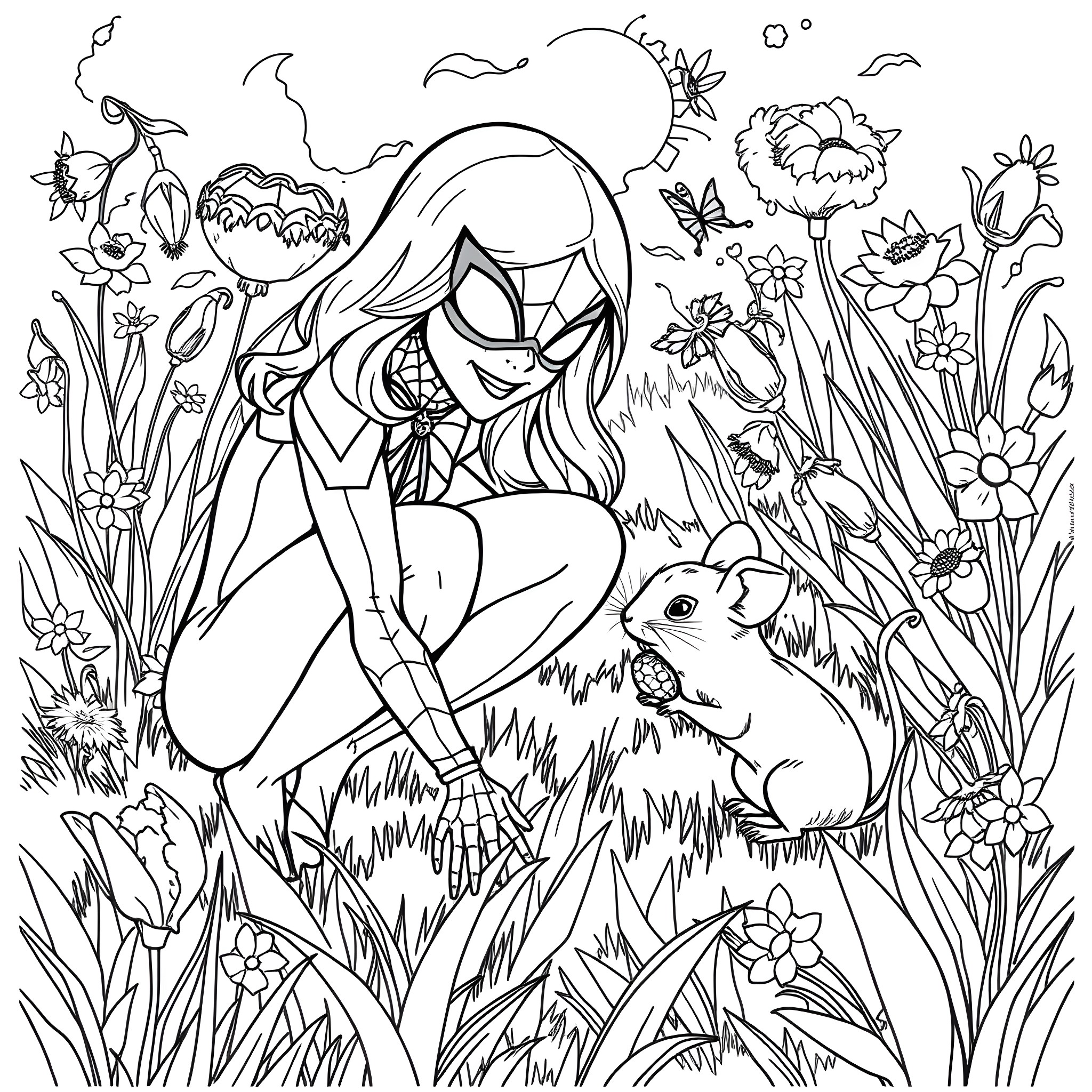 Spider Gwen exploring nature with a furry friend Coloring Page (free black-and-white line drawing printable PDF for all, from beginners to advanced learners, including children, teens, adults, and seniors)