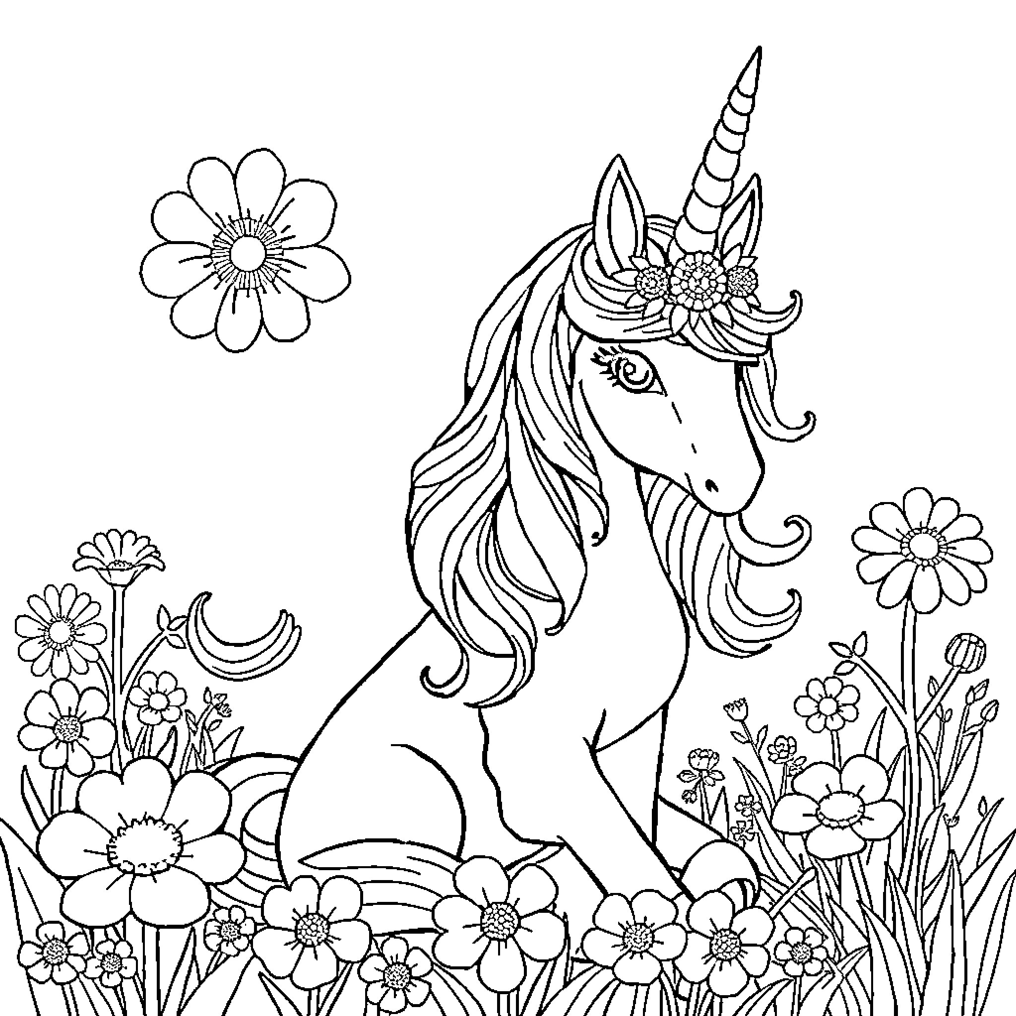 Unicorn surrounded by enchanting flowers and nature Coloring Page (free black-and-white line drawing printable PDF for all, from beginners to advanced learners, including children, teens, adults, and seniors)