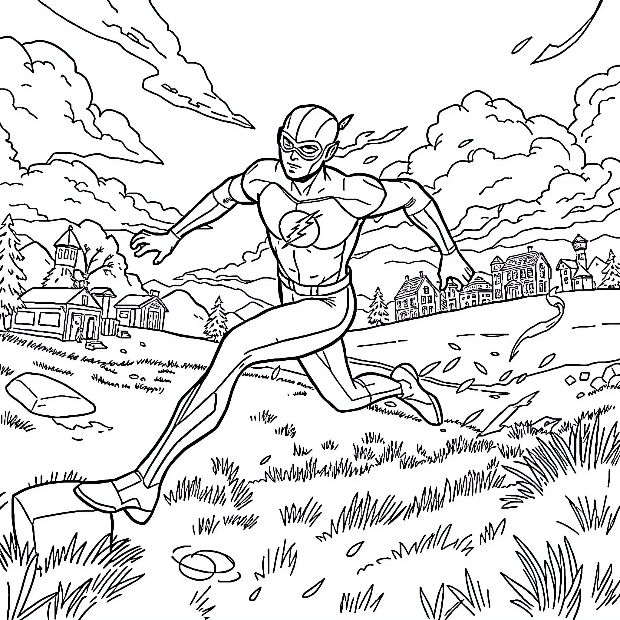 Flash running through the countryside Coloring Page (free black-and-white line drawing printable PDF for all, from beginners to advanced learners, including children, teens, adults, and seniors)