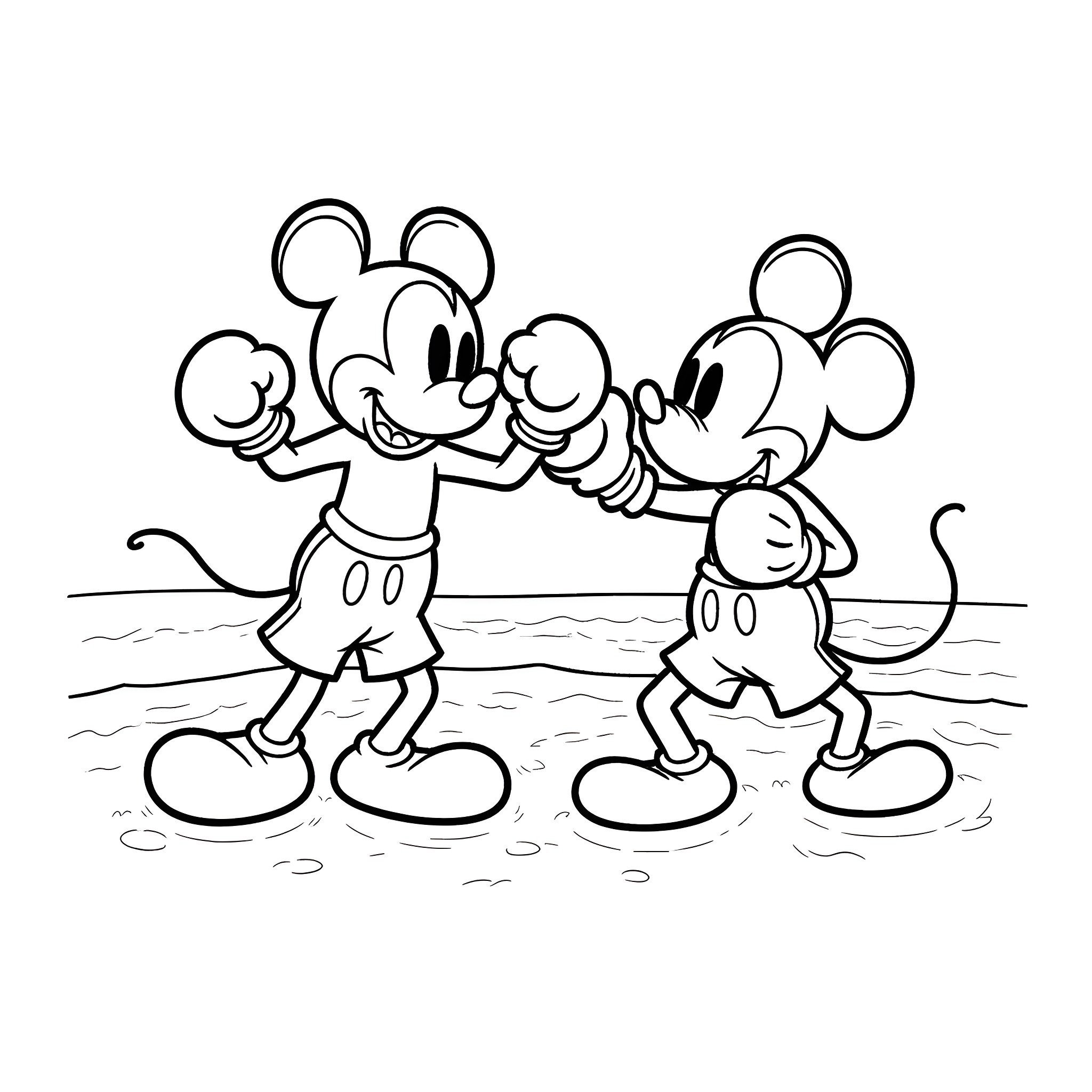 Mickey Mouse playing happily with friends Coloring Page (free black-and-white line drawing printable PDF for all, from beginners to advanced learners, including children, teens, adults, and seniors)