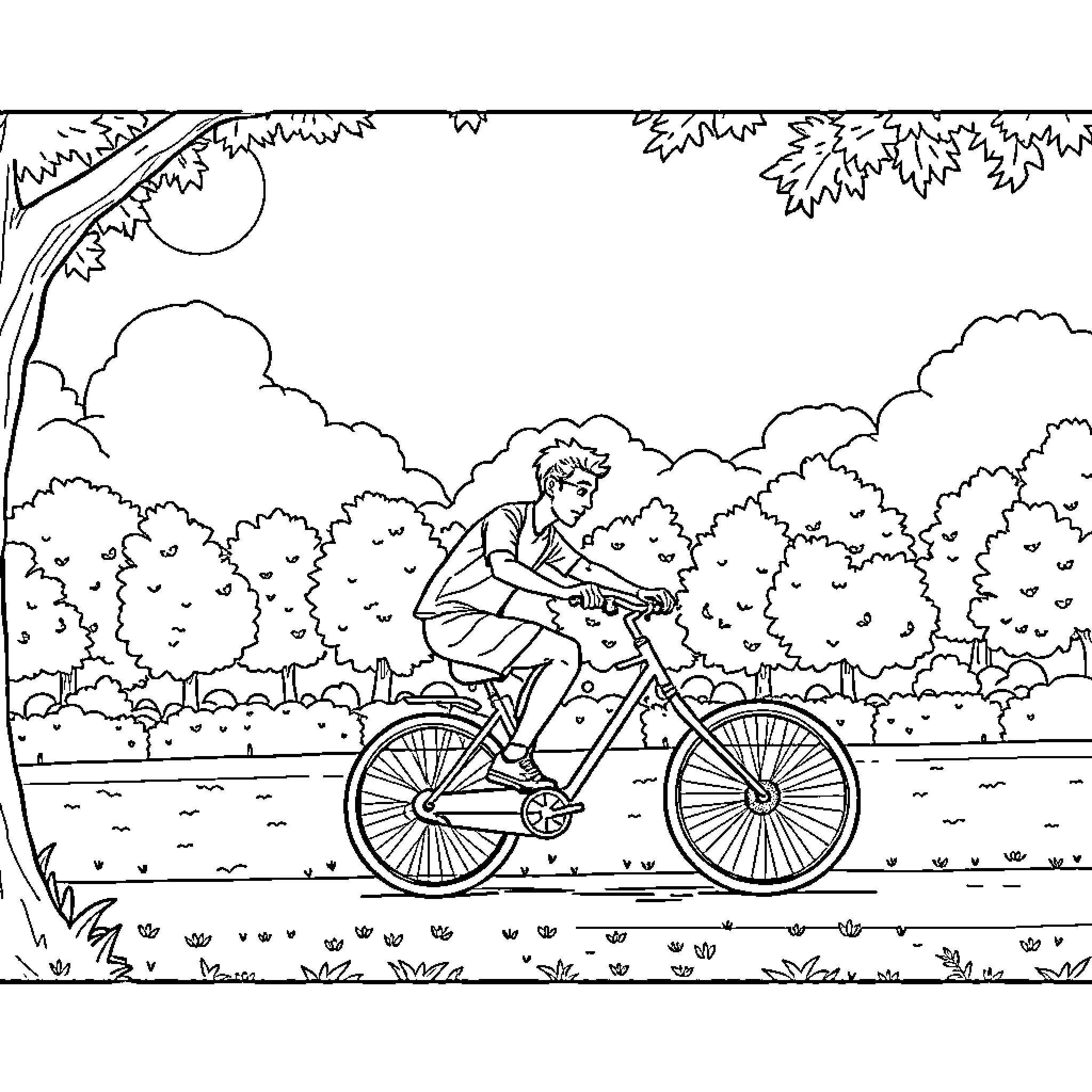 Footballeur cycling through a peaceful park Coloring Page (free black-and-white line drawing printable PDF for all, from beginners to advanced learners, including children, teens, adults, and seniors)