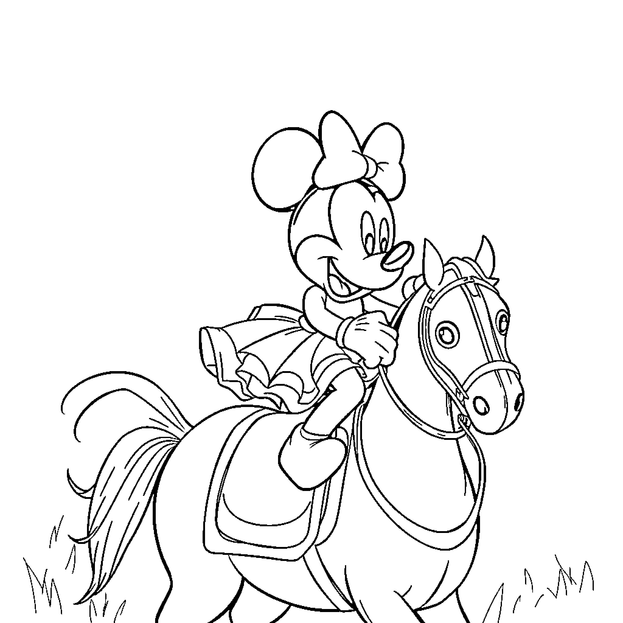 Mickey riding a happy horse Coloring Page (free black-and-white line drawing printable PDF for all, from beginners to advanced learners, including children, teens, adults, and seniors)