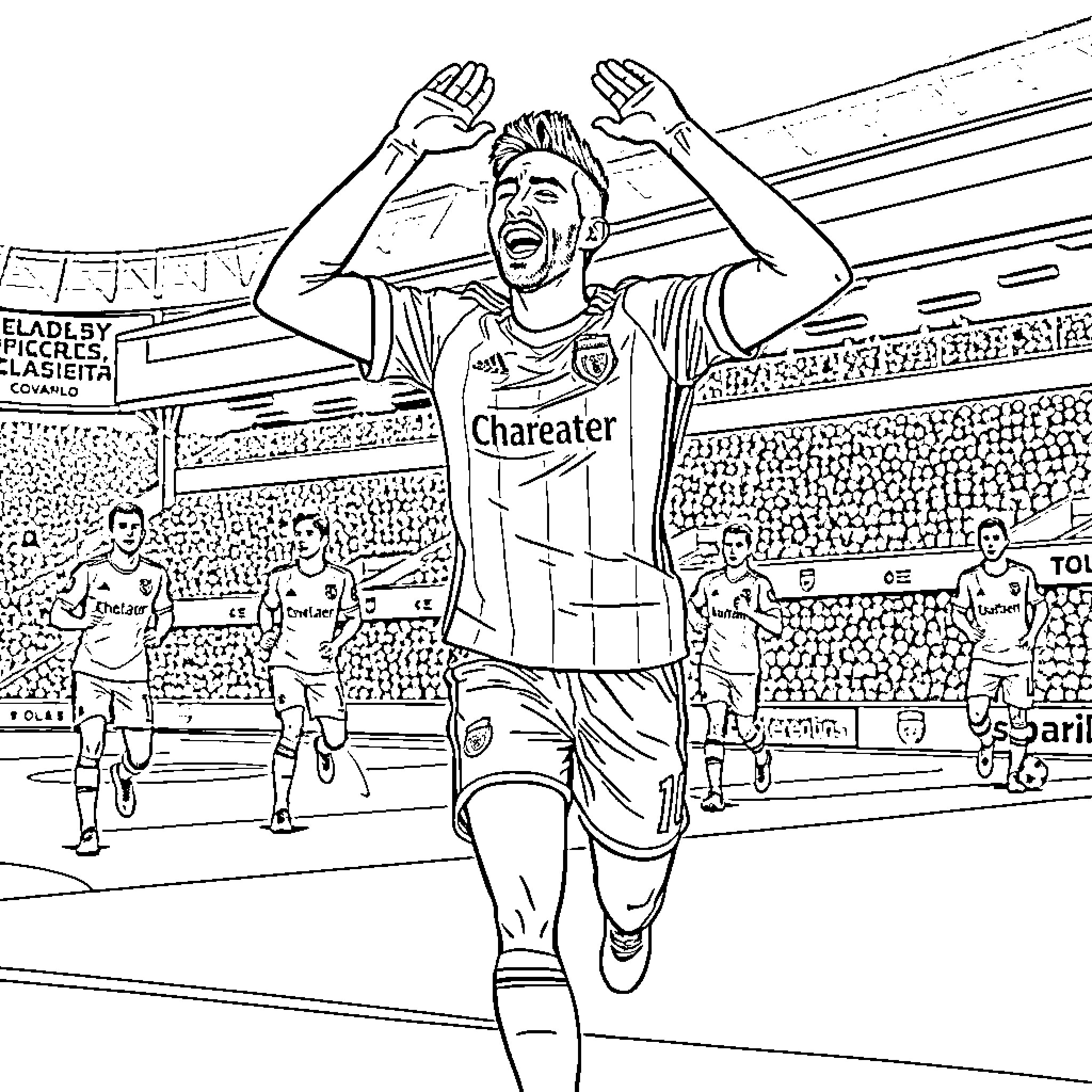 Hector Bellerin celebrates a goal in a soccer match Coloring Page (free black-and-white line drawing printable PDF for all, from beginners to advanced learners, including children, teens, adults, and seniors)