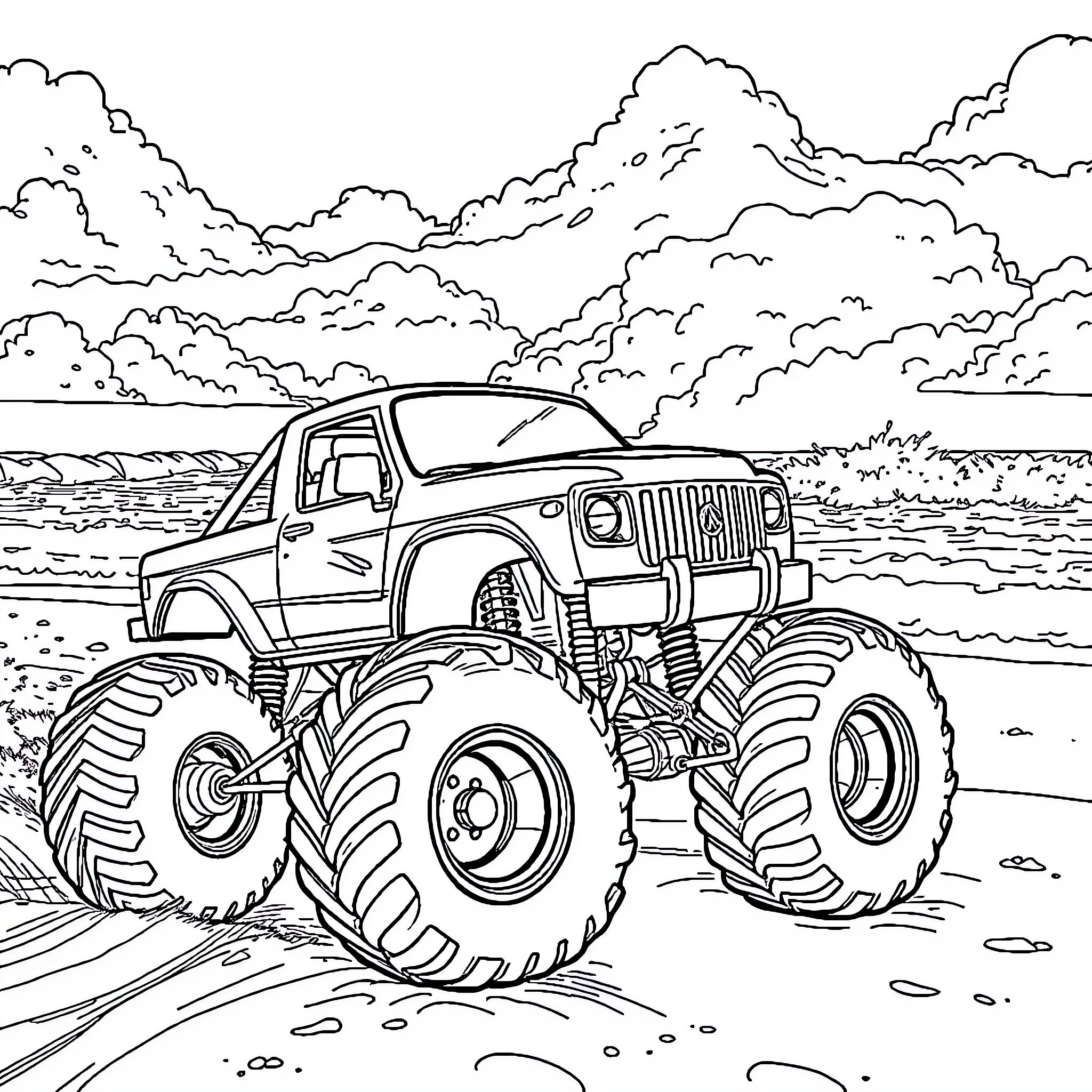 Monster Truck Driving Through Rugged Terrain Coloring Page (free black-and-white line drawing printable PDF for all, from beginners to advanced learners, including children, teens, adults, and seniors)