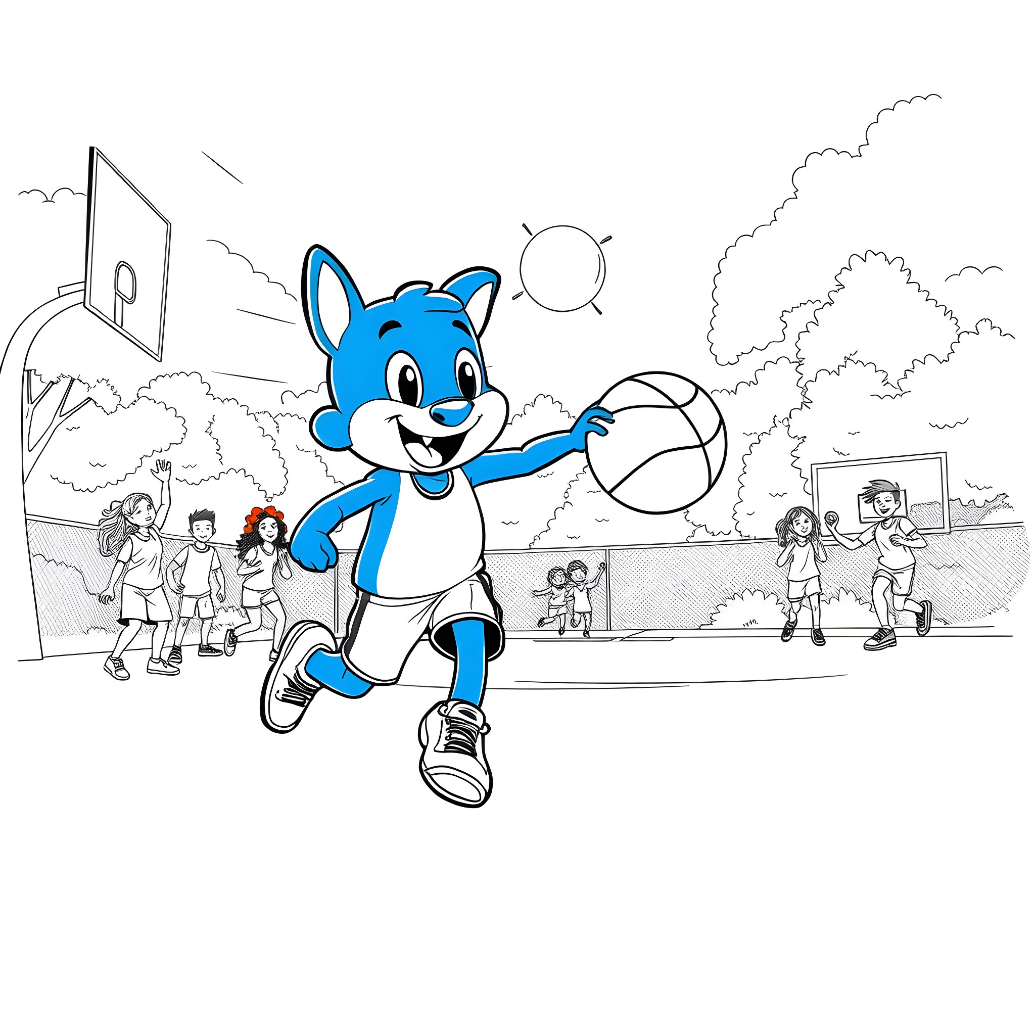 Bluey playing basketball happily with friends Coloring Page (free black-and-white line drawing printable PDF for all, from beginners to advanced learners, including children, teens, adults, and seniors)