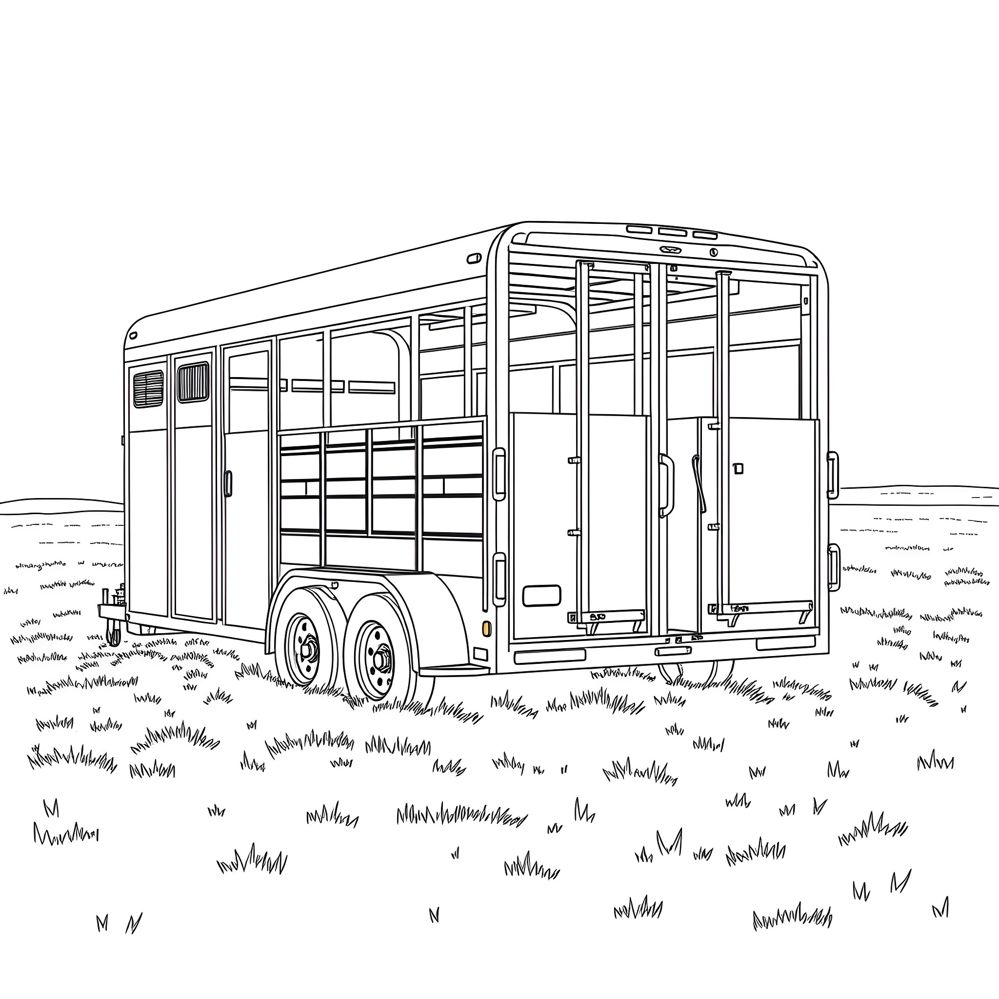 Gooseneck Trailer on the Grassy Field Coloring Page (free black-and-white line drawing printable PDF for all, from beginners to advanced learners, including children, teens, adults, and seniors)