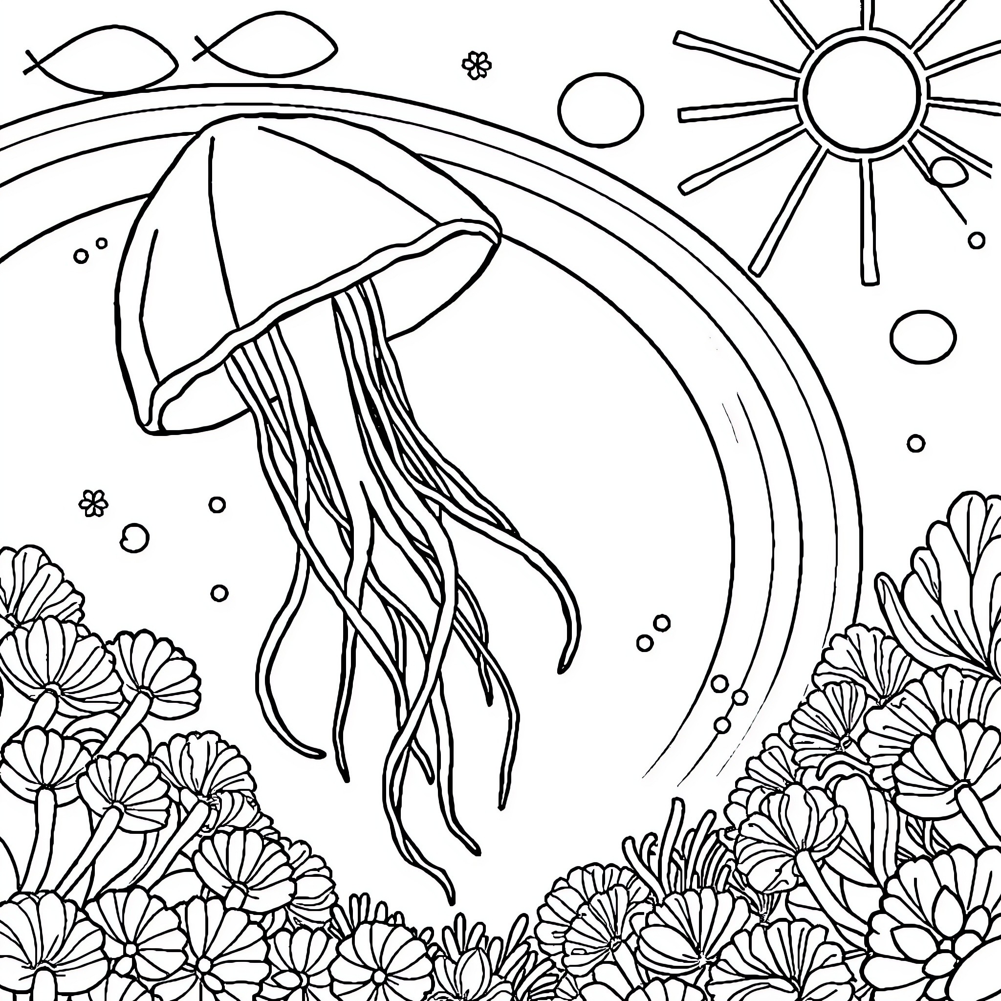 Jellyfish swimming in an underwater garden Coloring Page (free black-and-white line drawing printable PDF for all, from beginners to advanced learners, including children, teens, adults, and seniors)