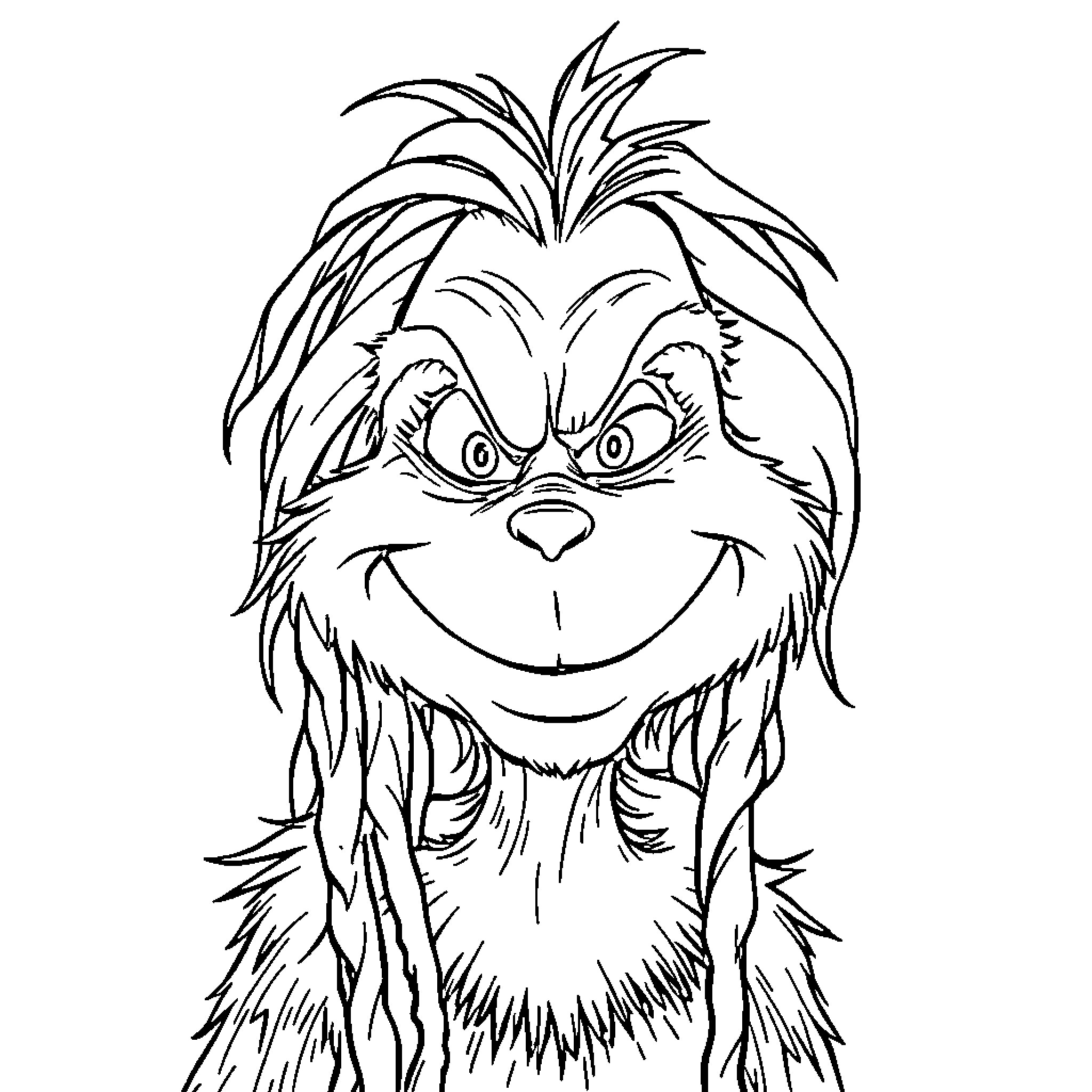 Grinch's Mischievous Grin: A Whimsical Illustration Coloring Page (free black-and-white line drawing printable PDF for all, from beginners to advanced learners, including children, teens, adults, and seniors)