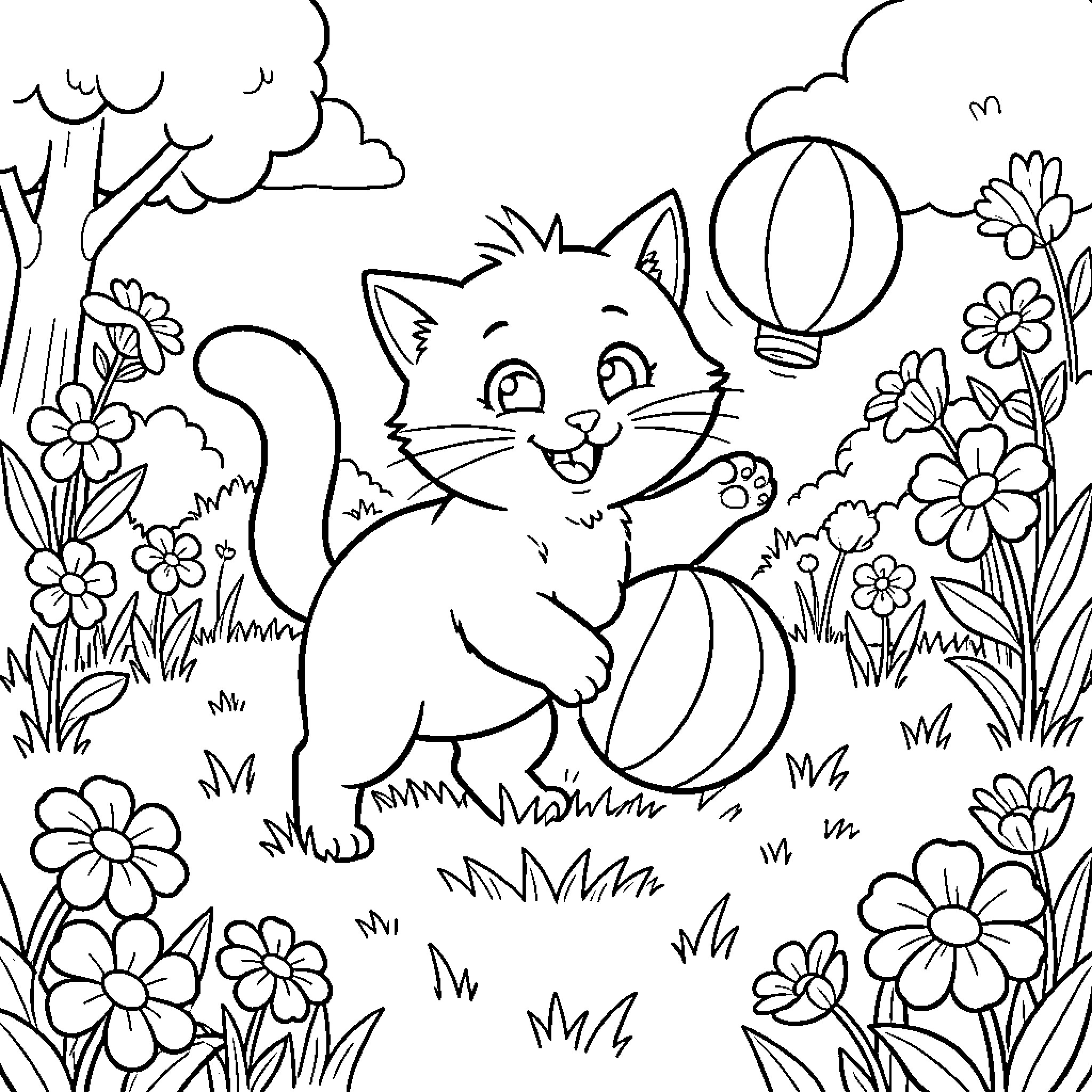 Cat exploring a garden filled with flowers Coloring Page (free black-and-white line drawing printable PDF for all, from beginners to advanced learners, including children, teens, adults, and seniors)