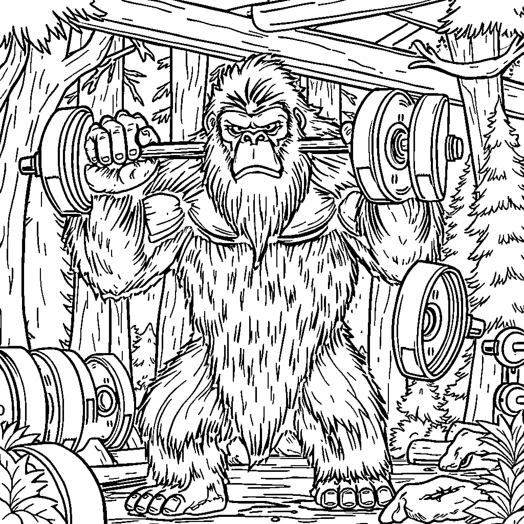 Sasquatch Lifting Weights in Forested Lair Coloring Page (free black-and-white line drawing printable PDF for all, from beginners to advanced learners, including children, teens, adults, and seniors)