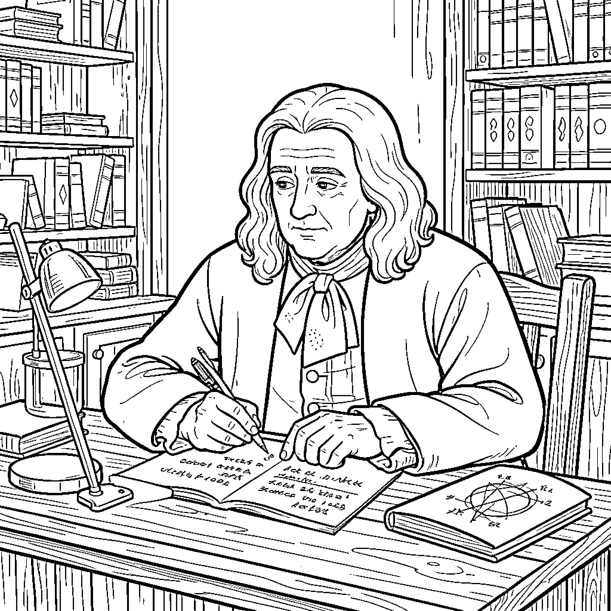 Isaac Newton writing notes at a wooden desk Coloring Page (free black-and-white line drawing printable PDF for all, from beginners to advanced learners, including children, teens, adults, and seniors)