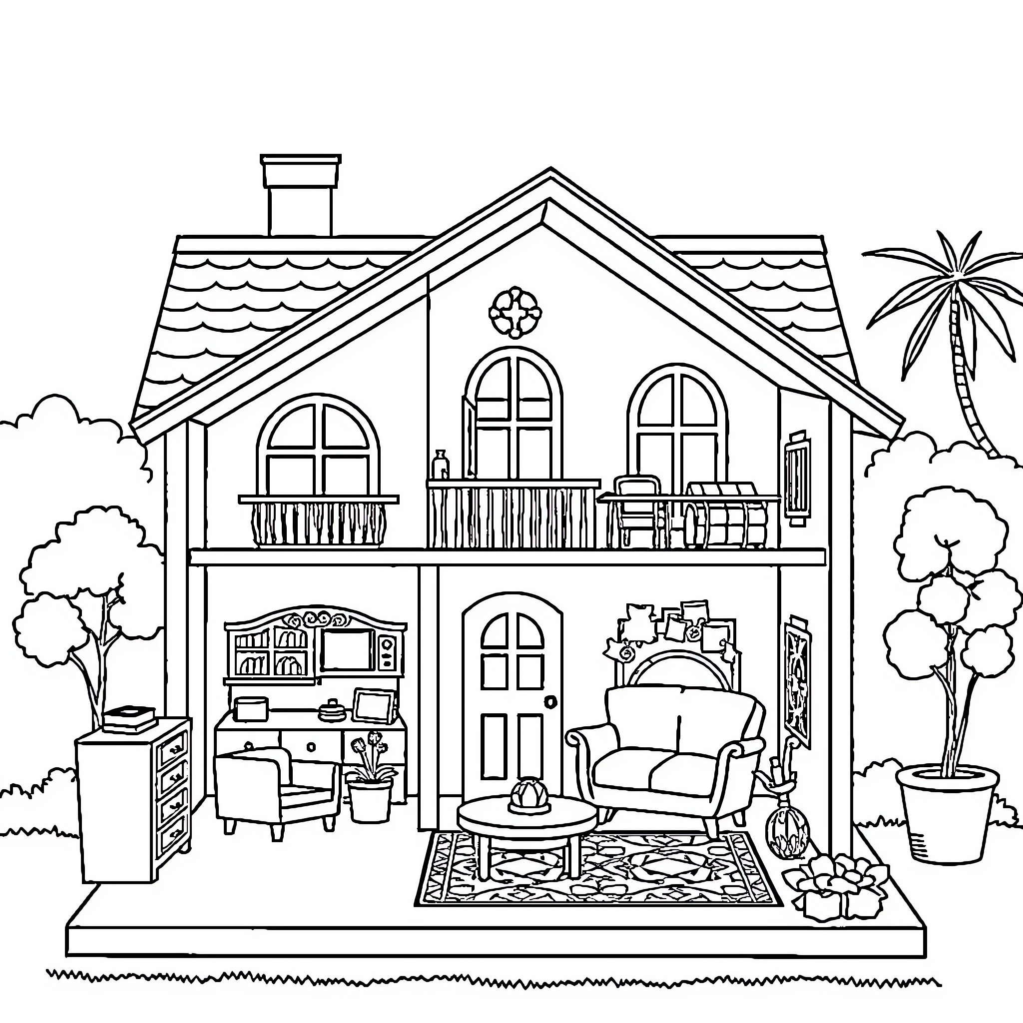 Barbie's Cozy Cottage Retreat Coloring Page (free black-and-white line drawing printable PDF for all, from beginners to advanced learners, including children, teens, adults, and seniors)