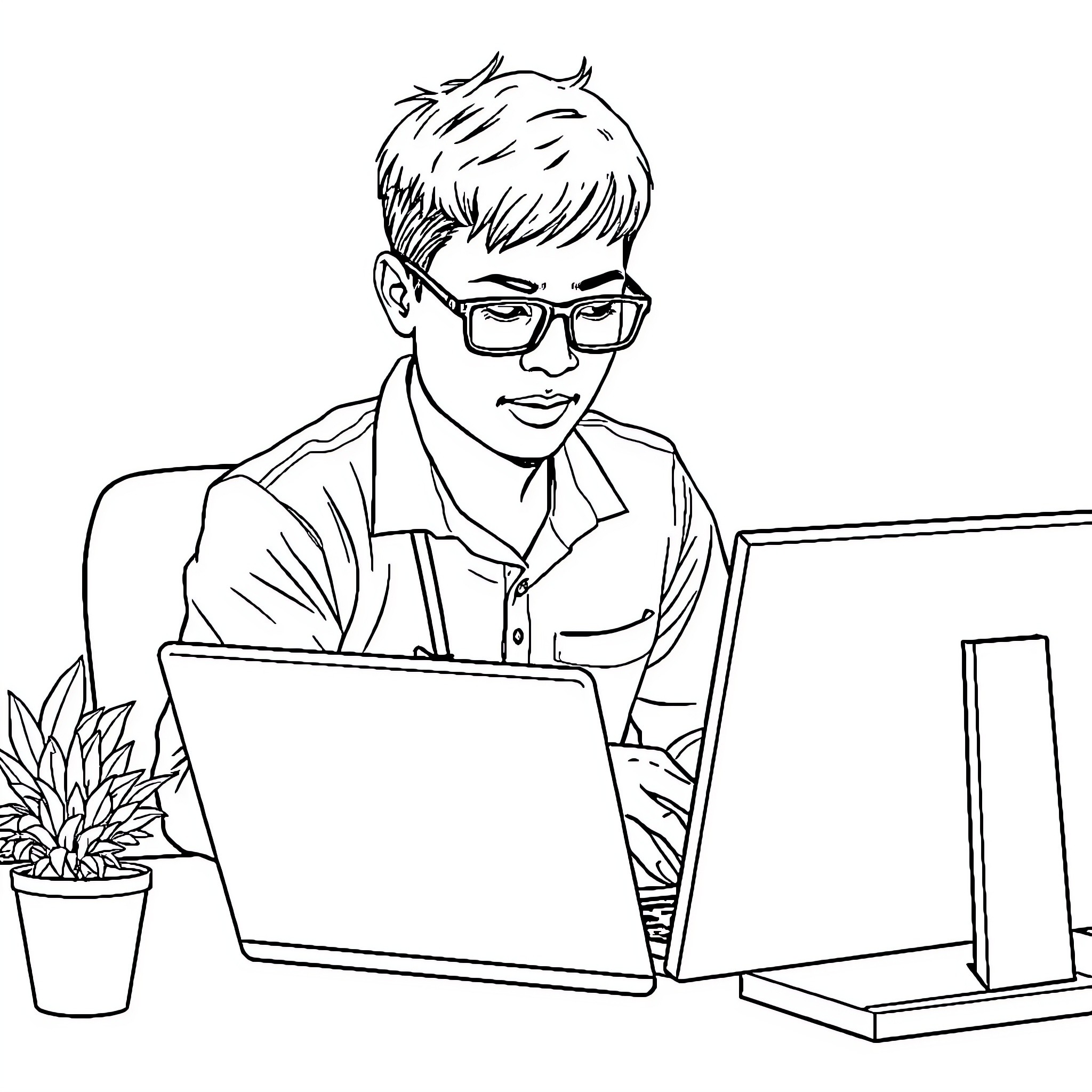 Pekerja Kantoran Focused on Laptop and Work Coloring Page (free black-and-white line drawing printable PDF for all, from beginners to advanced learners, including children, teens, adults, and seniors)