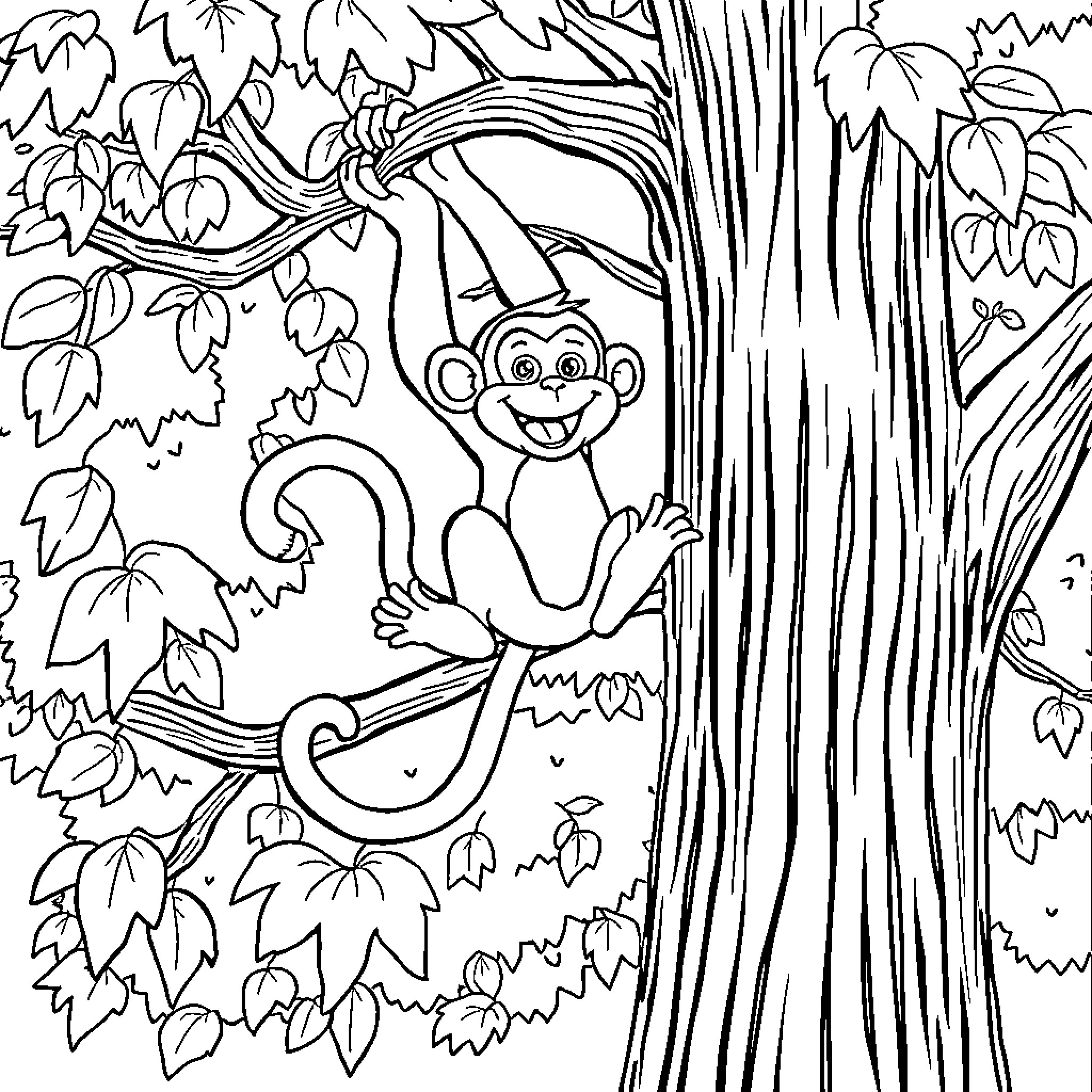 Monkey playing in the forest Coloring Page (free black-and-white line drawing printable PDF for all, from beginners to advanced learners, including children, teens, adults, and seniors)