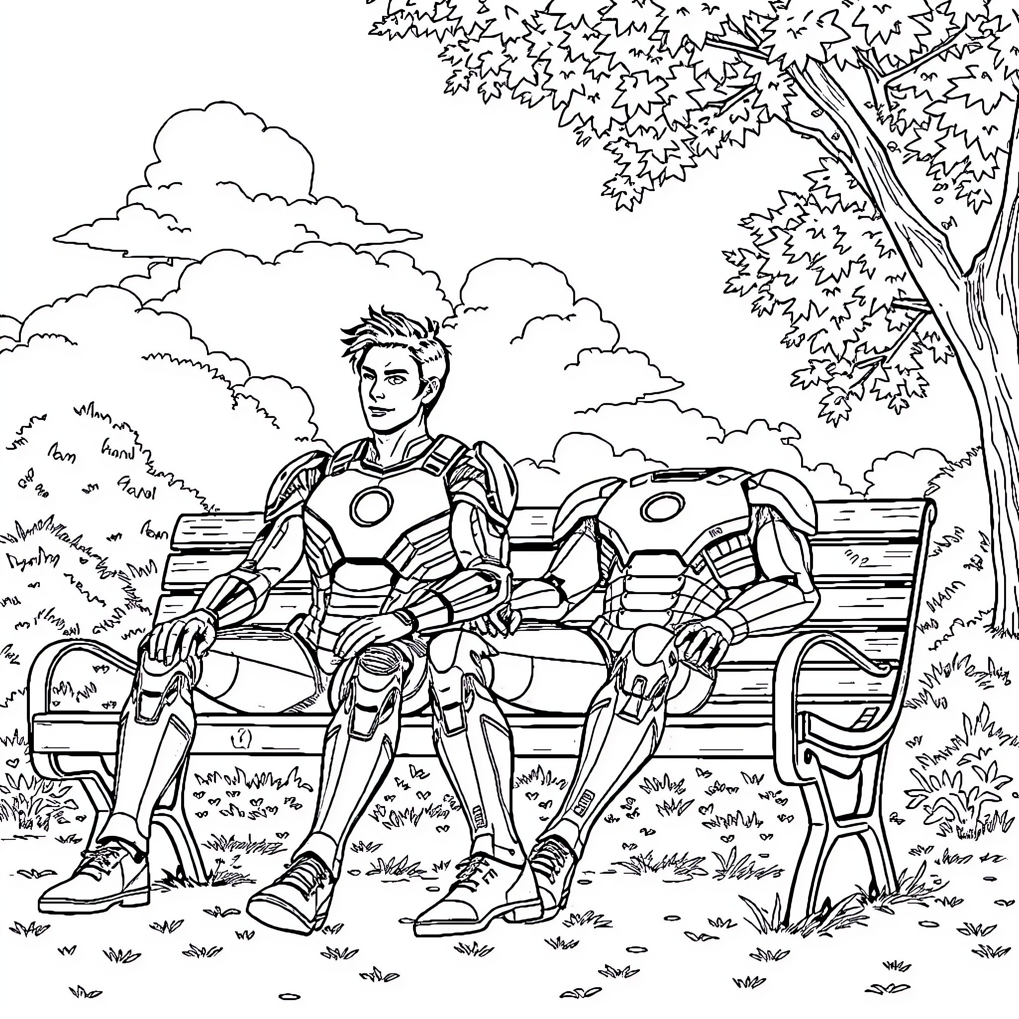 Eren Yeager resting after a heroic battle in the forest Coloring Page (free black-and-white line drawing printable PDF for all, from beginners to advanced learners, including children, teens, adults, and seniors)