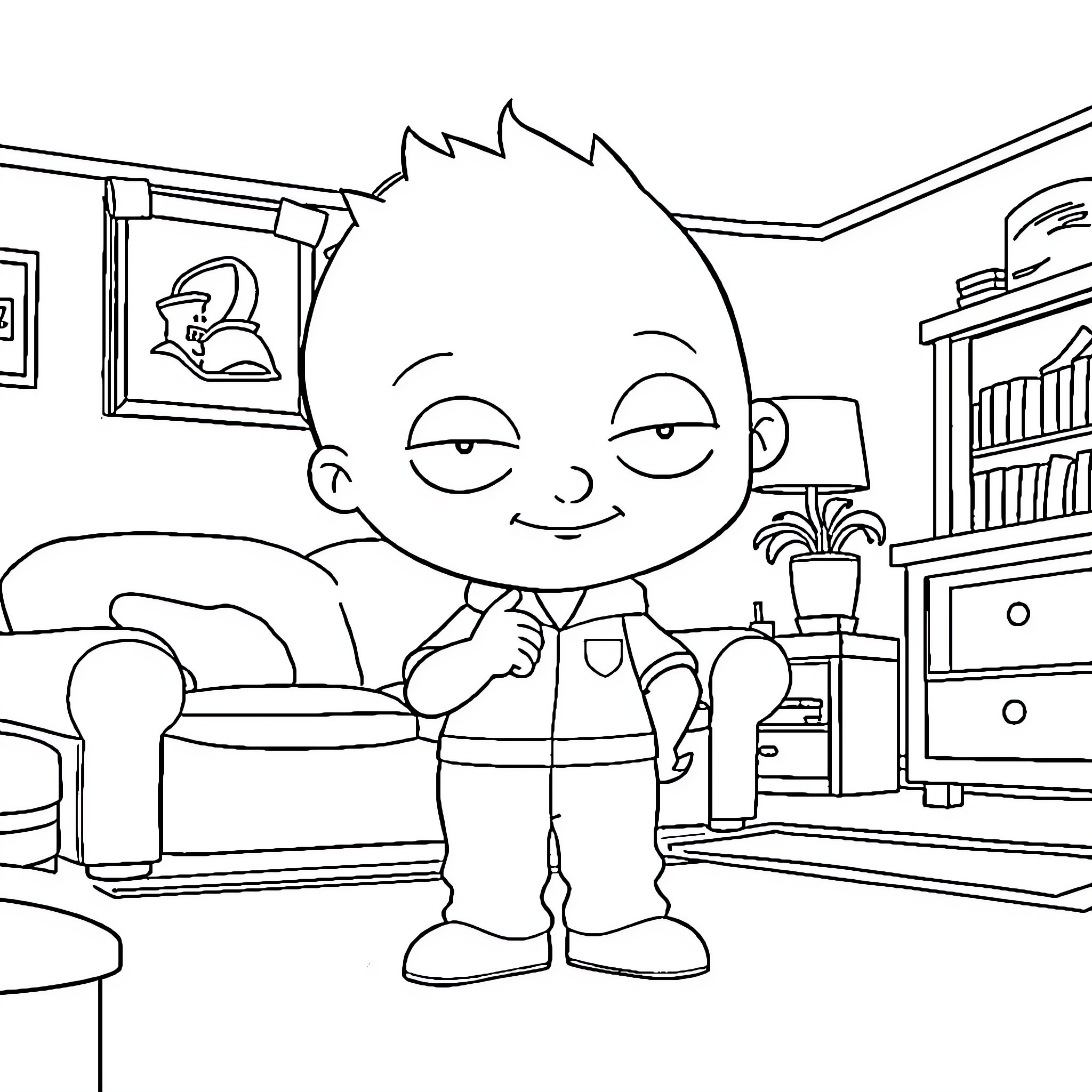 Stewie exploring his bedroom mischievously Coloring Page (free black-and-white line drawing printable PDF for all, from beginners to advanced learners, including children, teens, adults, and seniors)