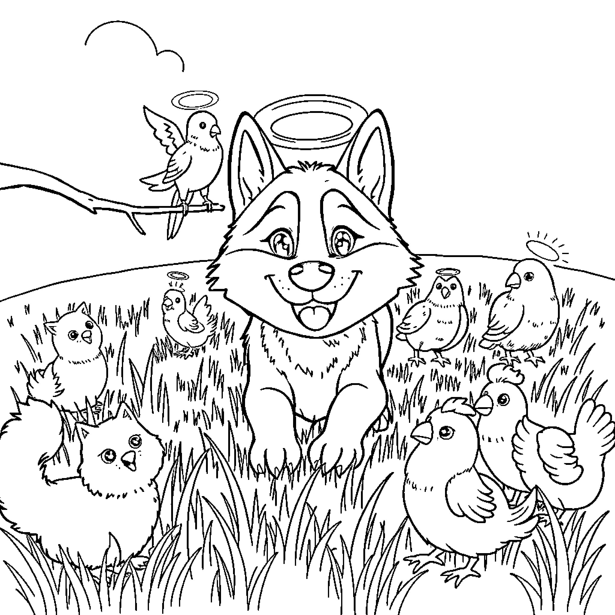 Husky playing with birds and chicks in the grass Coloring Page (free black-and-white line drawing printable PDF for all, from beginners to advanced learners, including children, teens, adults, and seniors)