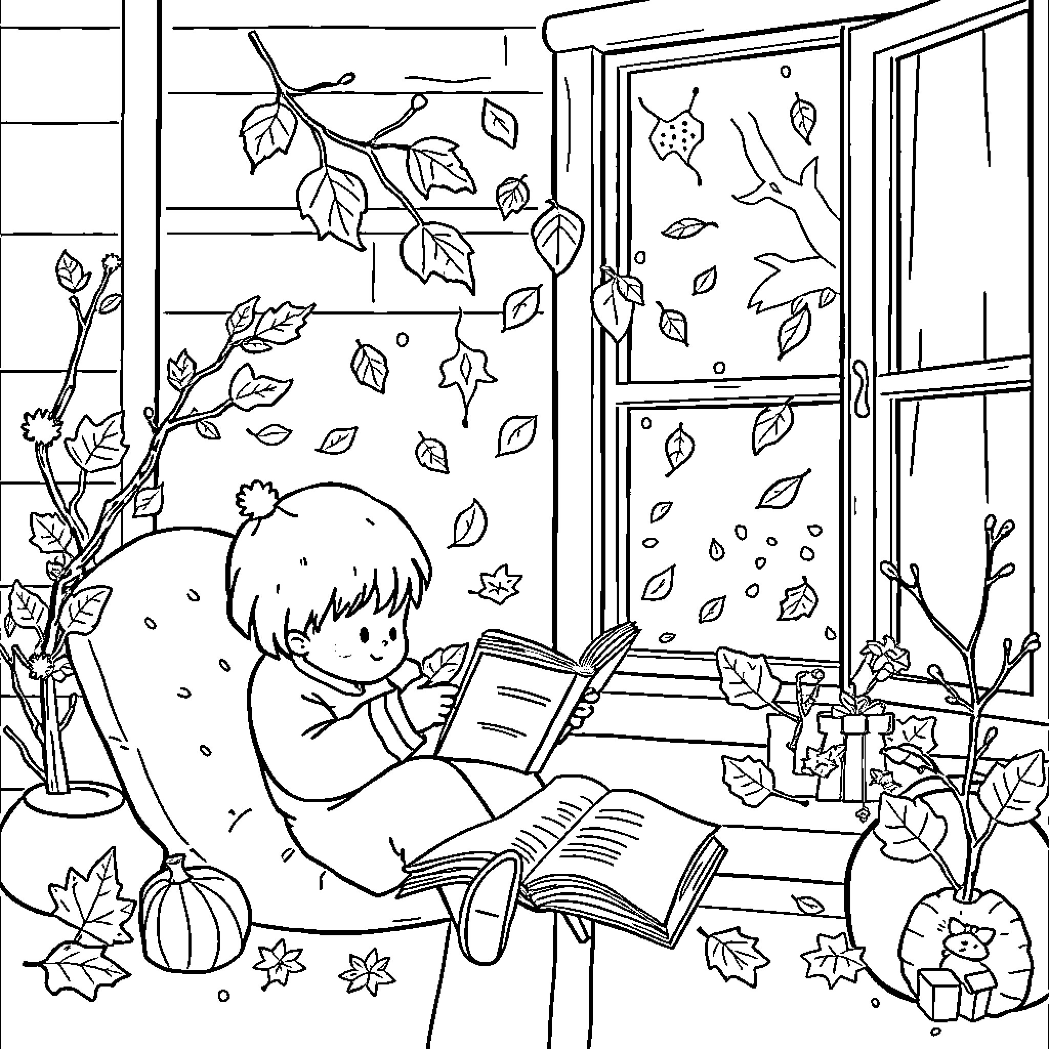 Reader Enjoying a Book on an Autumn Day Coloring Page (free black-and-white line drawing printable PDF for all, from beginners to advanced learners, including children, teens, adults, and seniors)