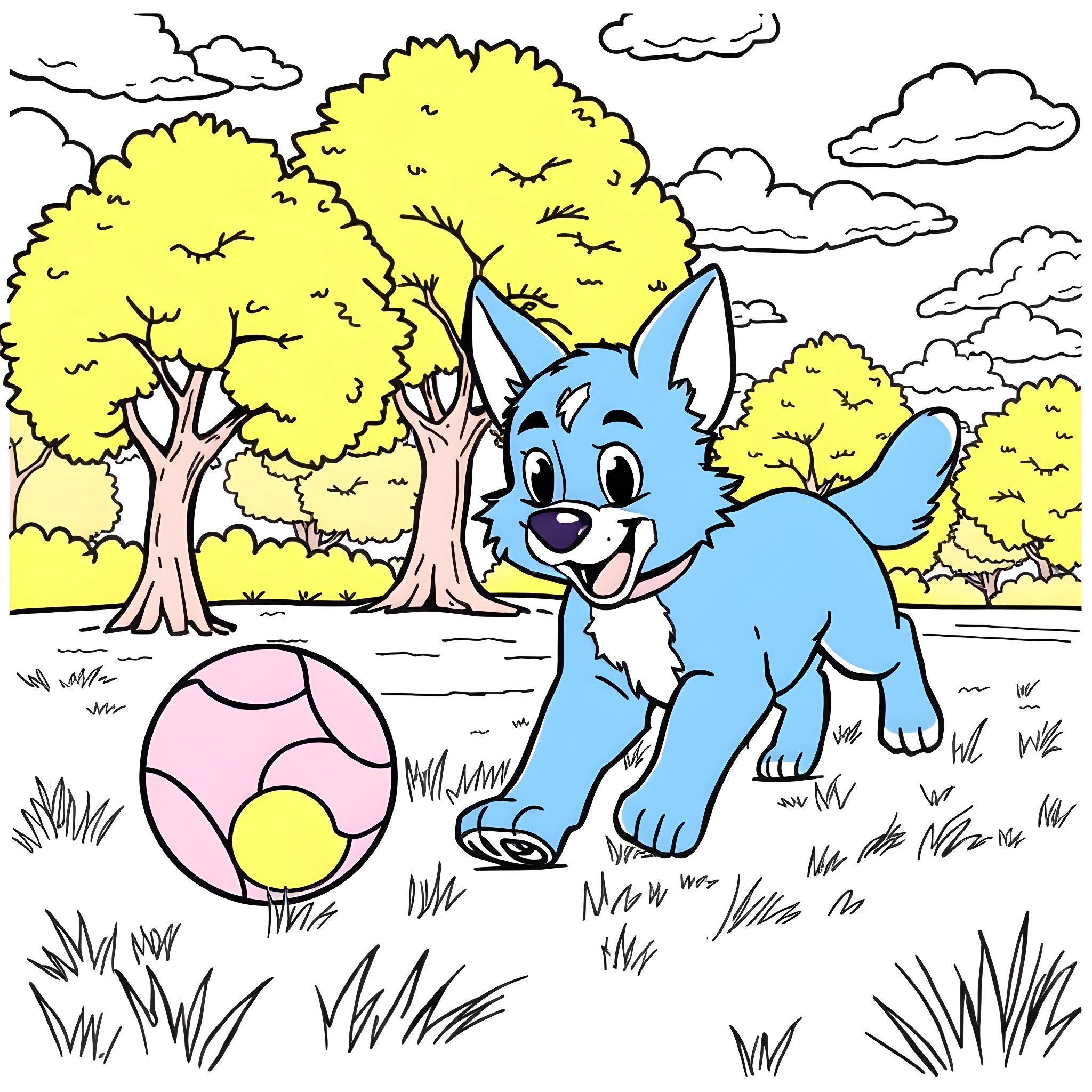 Bluey playing happily with a ball in the park Coloring Page (free black-and-white line drawing printable PDF for all, from beginners to advanced learners, including children, teens, adults, and seniors)