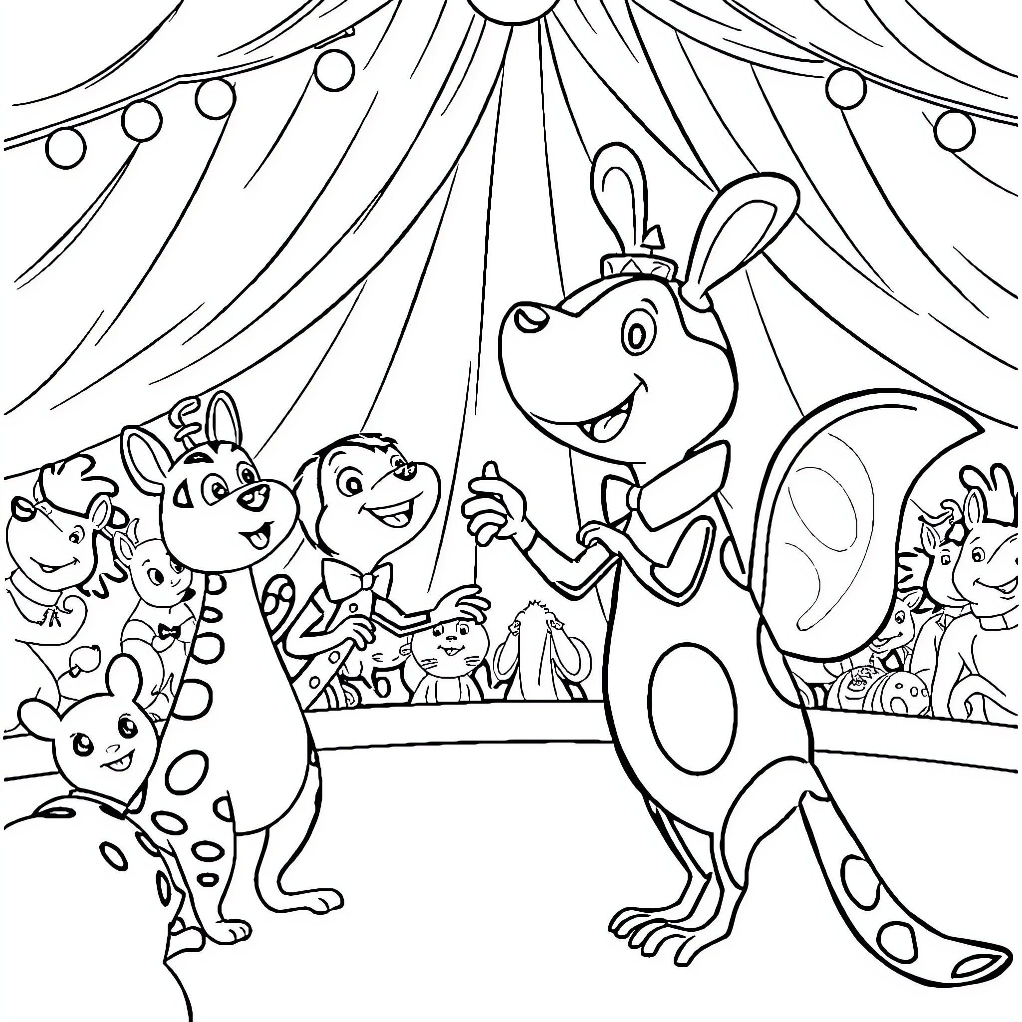 Paw Patrol Characters Performing at the Circus Coloring Page (free black-and-white line drawing printable PDF for all, from beginners to advanced learners, including children, teens, adults, and seniors)