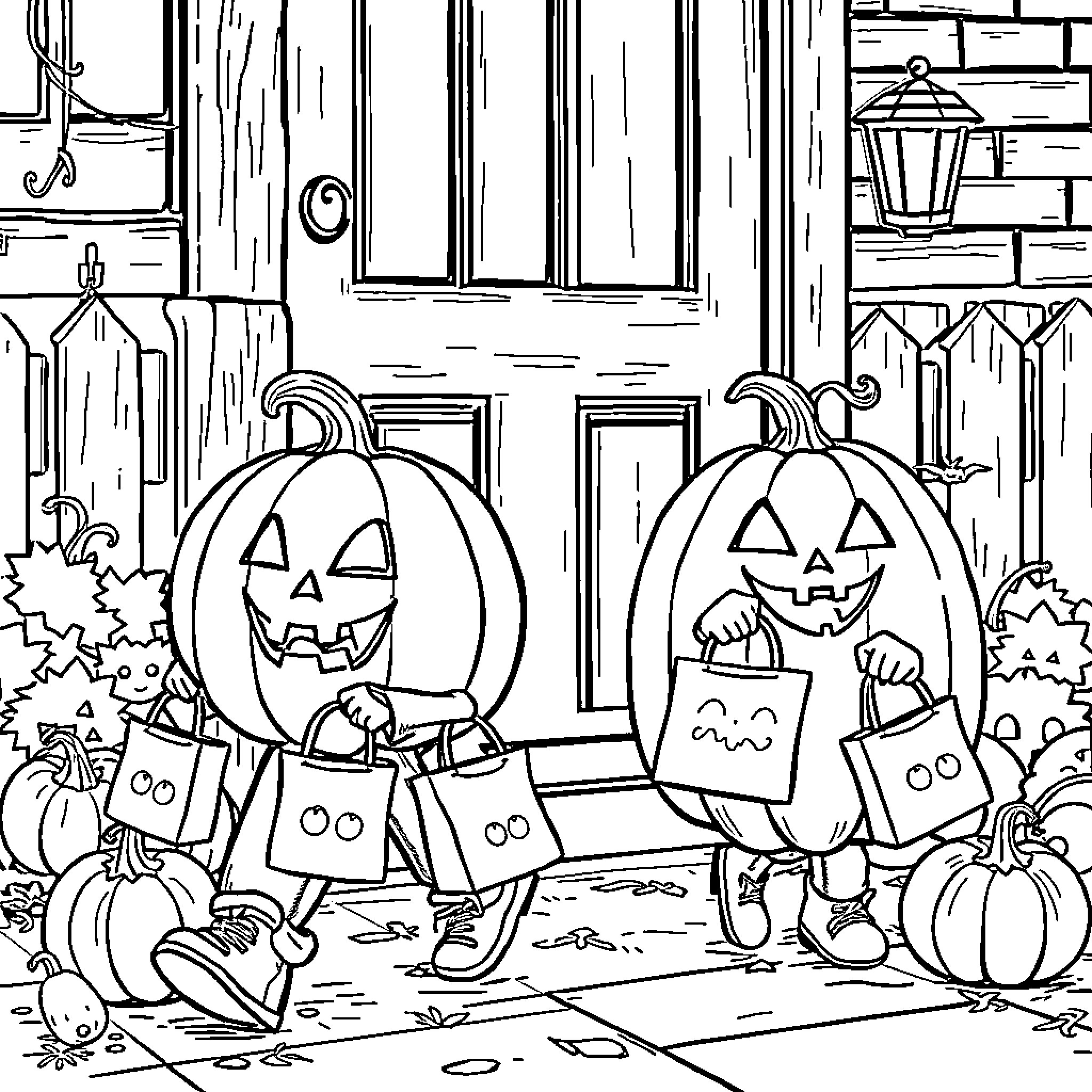 Pumpkin-shaped Halloween characters trick-or-treating in front of a house Coloring Page (free black-and-white line drawing printable PDF for all, from beginners to advanced learners, including children, teens, adults, and seniors)