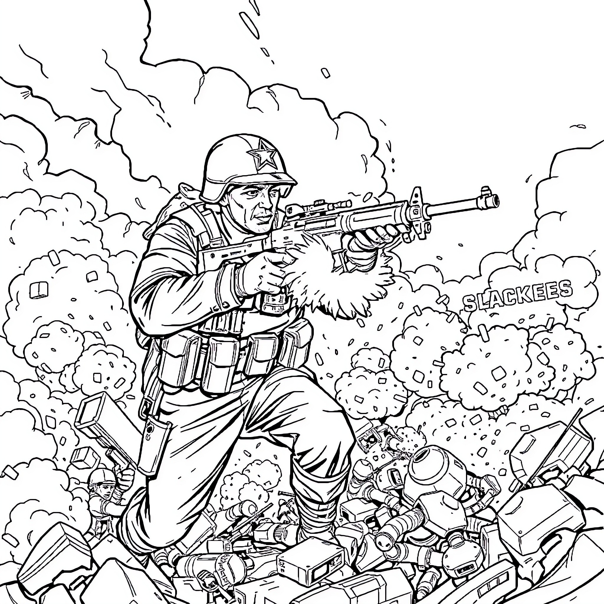 Soldier on the Battlefield, Facing Explosive Chaos Coloring Page (free black-and-white line drawing printable PDF for all, from beginners to advanced learners, including children, teens, adults, and seniors)