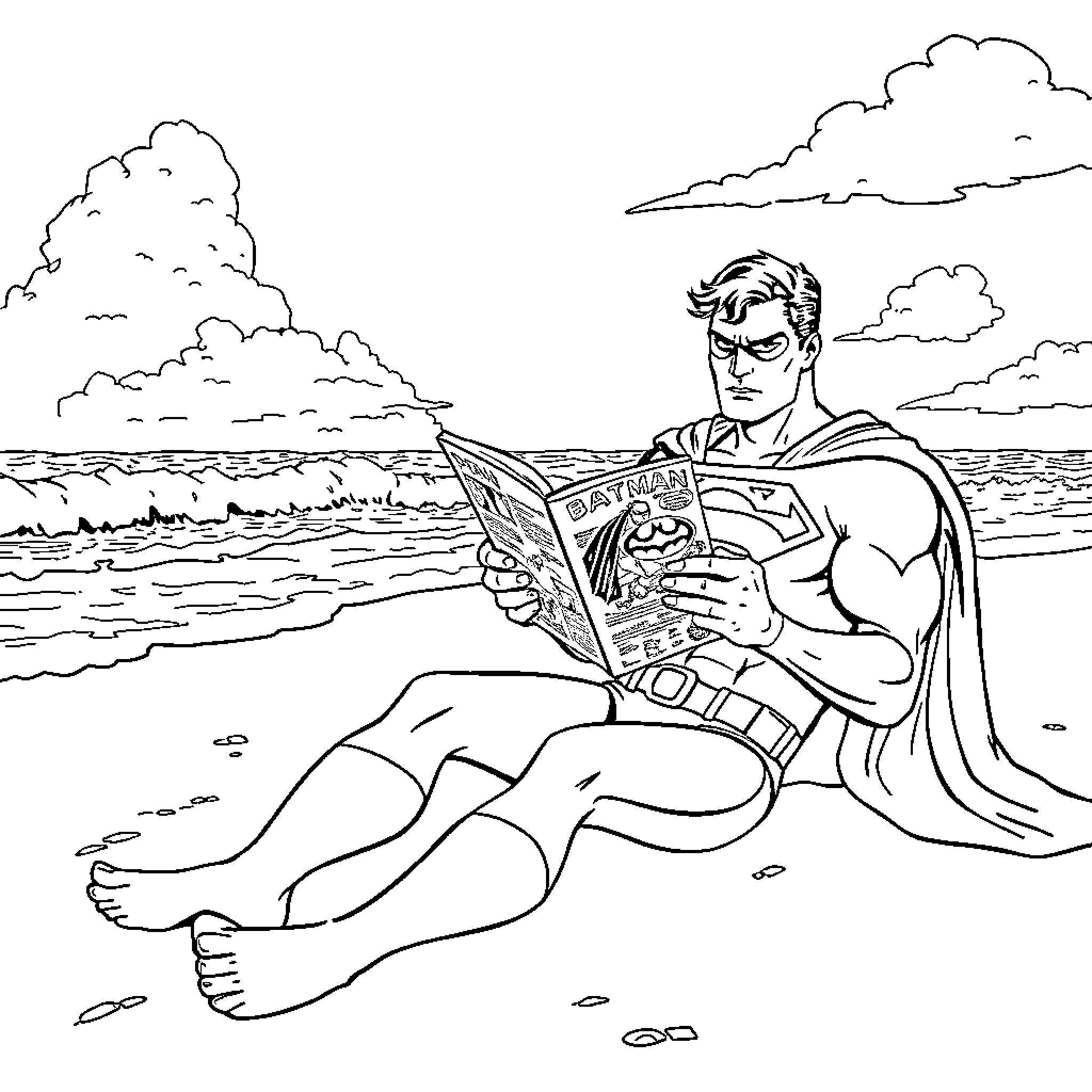 Superman reading newspaper on beach Coloring Page (free black-and-white line drawing printable PDF for all, from beginners to advanced learners, including children, teens, adults, and seniors)