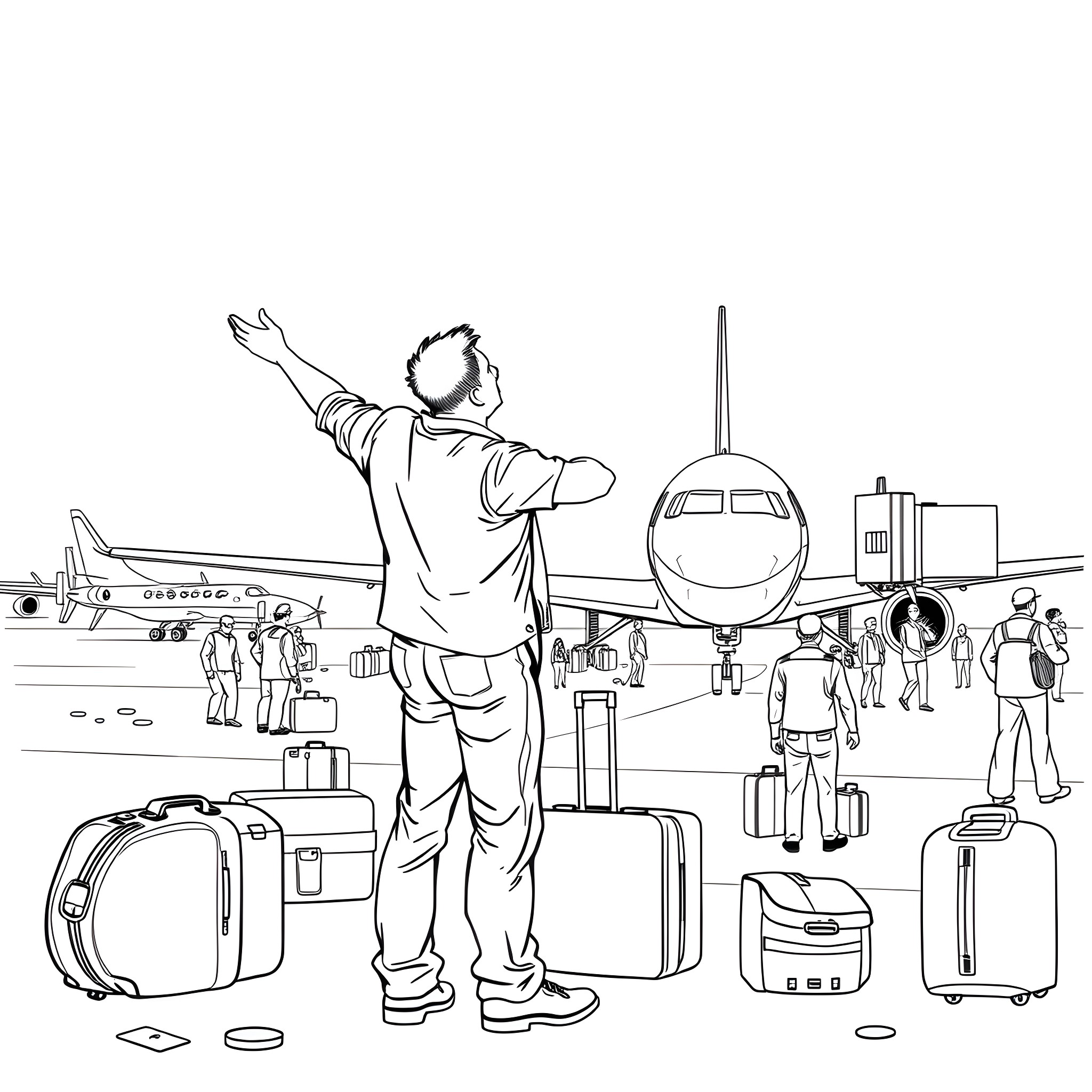 Man waving goodbye at airport before boarding plane Coloring Page (free black-and-white line drawing printable PDF for all, from beginners to advanced learners, including children, teens, adults, and seniors)