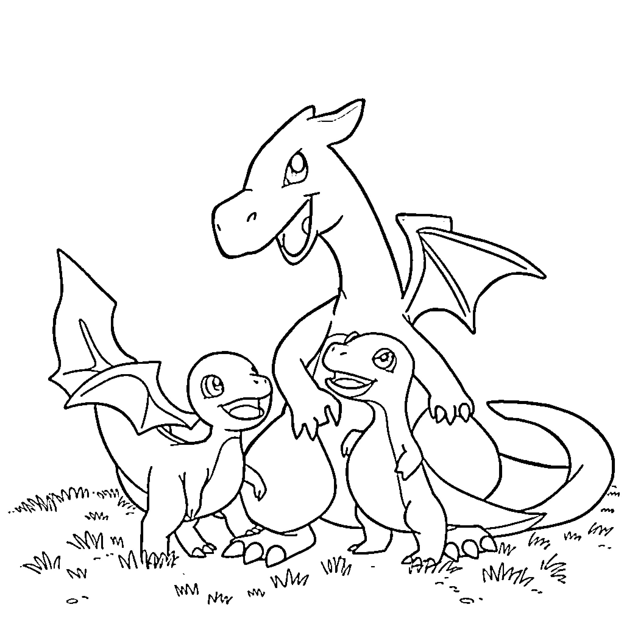 Charizard and its baby Pokemon companions Coloring Page (free black-and-white line drawing printable PDF for all, from beginners to advanced learners, including children, teens, adults, and seniors)